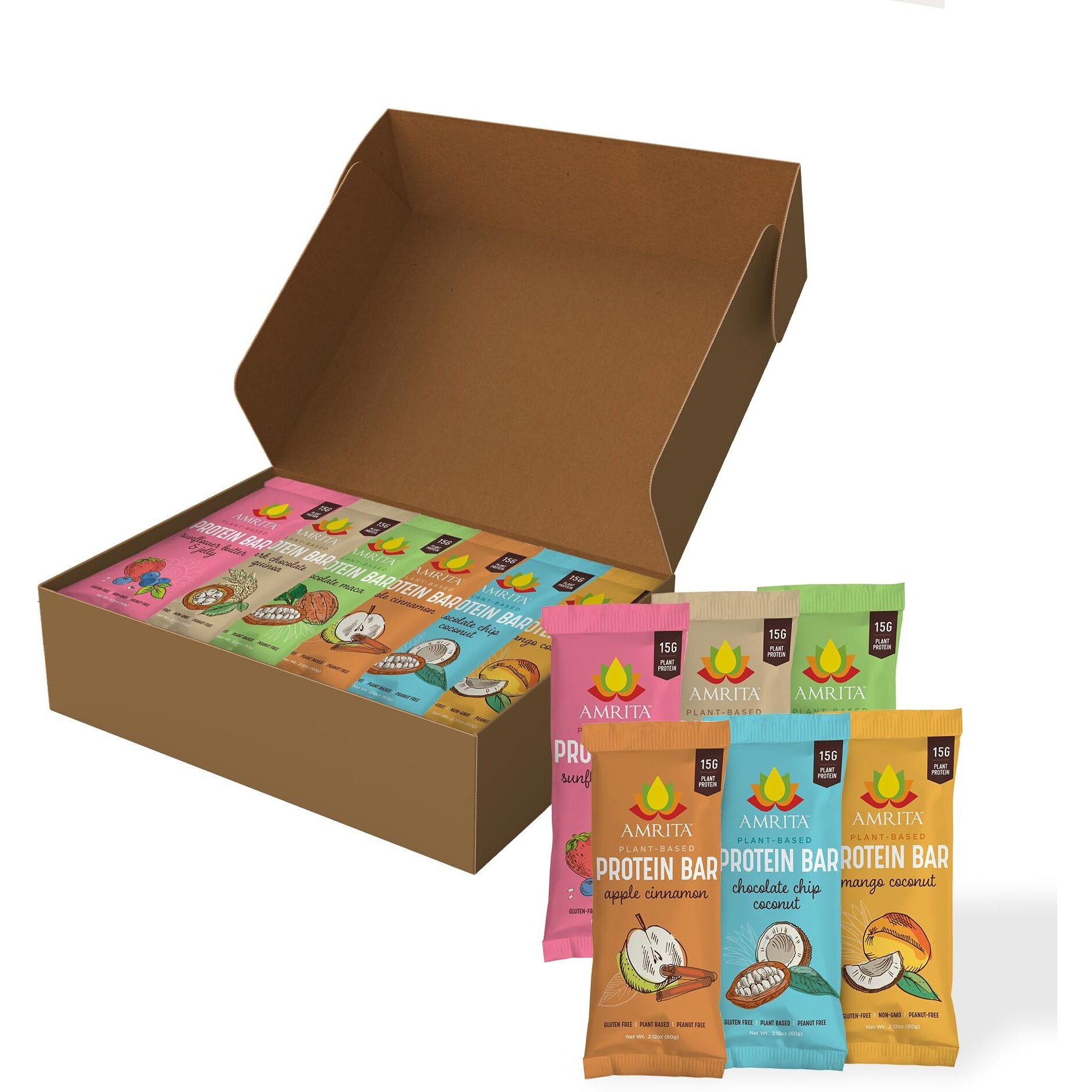 Amrita Vegan Protein Bars Variety Pack (6 Flavors), Peanut/Dairy Free, Soy & Gluten Free | 15G Plant Based Protein Bars, High Fiber, Low Sugar Meal Replacement Bar - Breakfast Bars - High Protein Bars