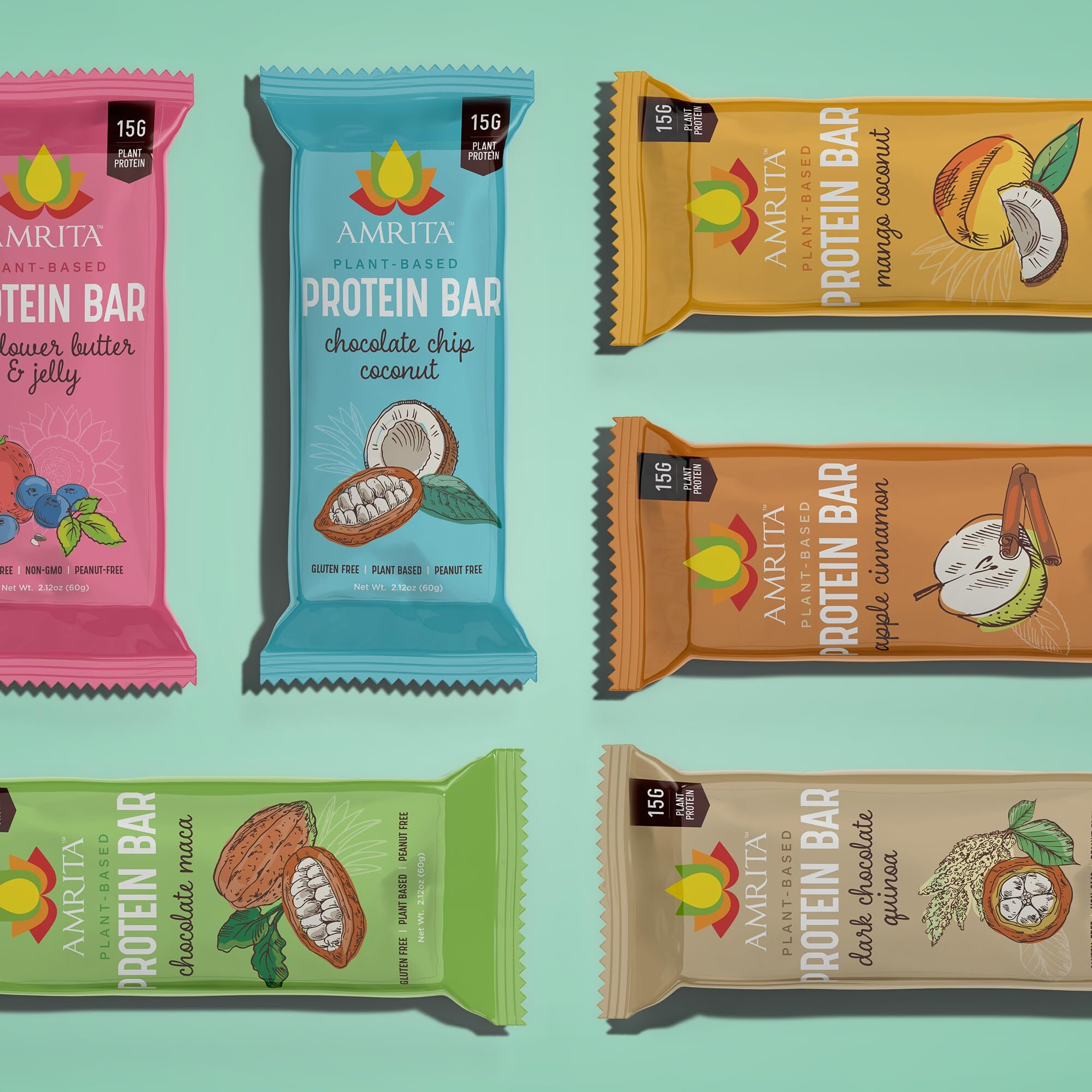 Amrita Vegan Protein Bars Variety Pack (6 Flavors), Peanut/Dairy Free, Soy & Gluten Free | 15G Plant Based Protein Bars, High Fiber, Low Sugar Meal Replacement Bar - Breakfast Bars - High Protein Bars