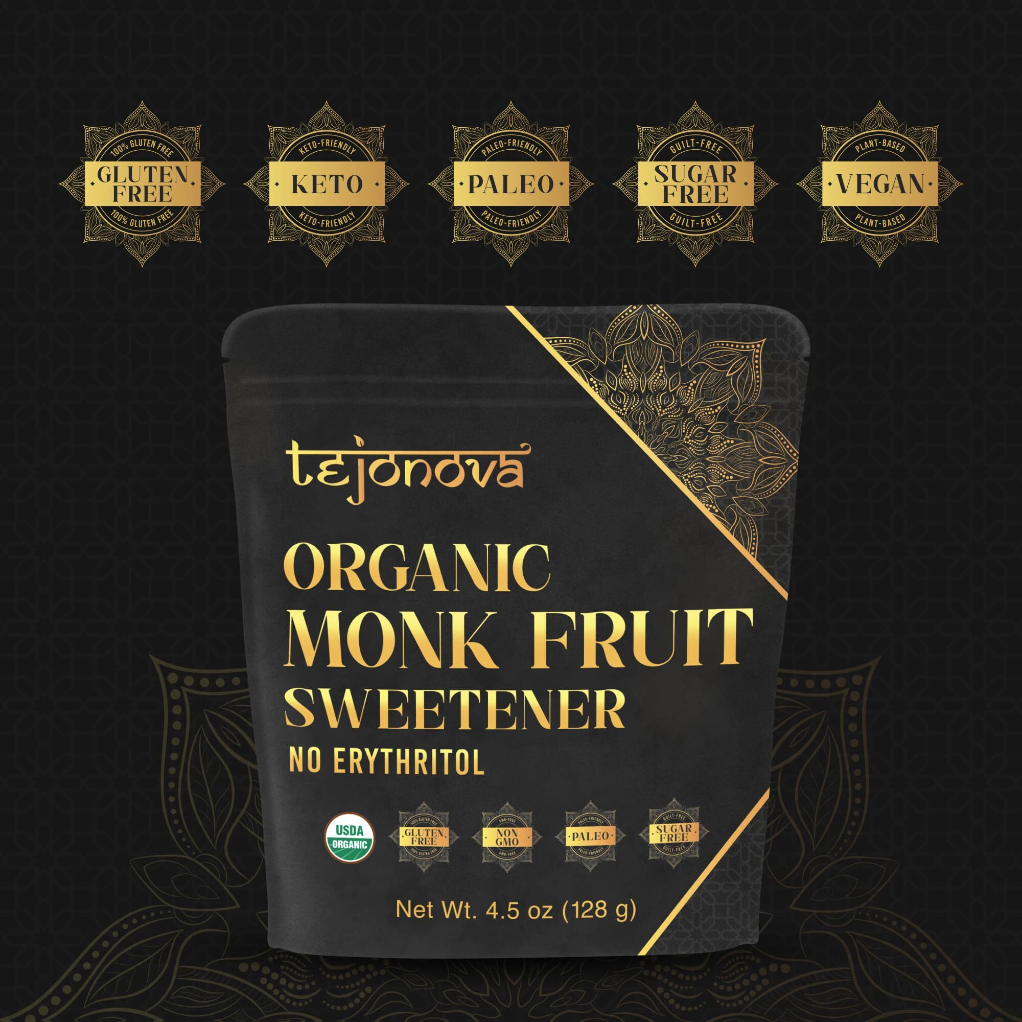 Organic Monk Fruit Powder, Pure Monk Fruit Sweetener No Erythritol, Monkfruit Sweetener Pure Goodness, Monk Fruit Sugar Susbtitute, Monk Fruit Extract Powder, 4.5Oz 413 Servings, By Tejonova