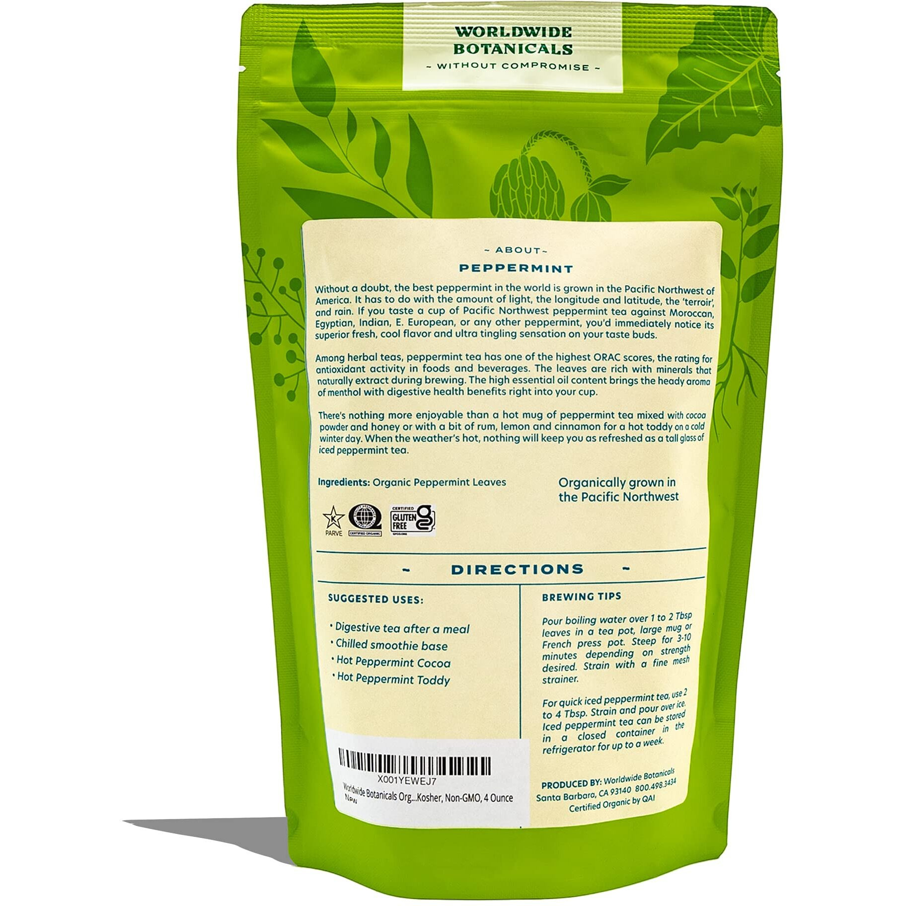 Worldwide Botanicals Organic Peppermint Tea - Pacific Northwest Peppermint - Loose Leaf Premium Herbal Tea, 100% Pure Peppermint, Digestive Tea, Antioxidant, Caffeine Free, 4 Ounces