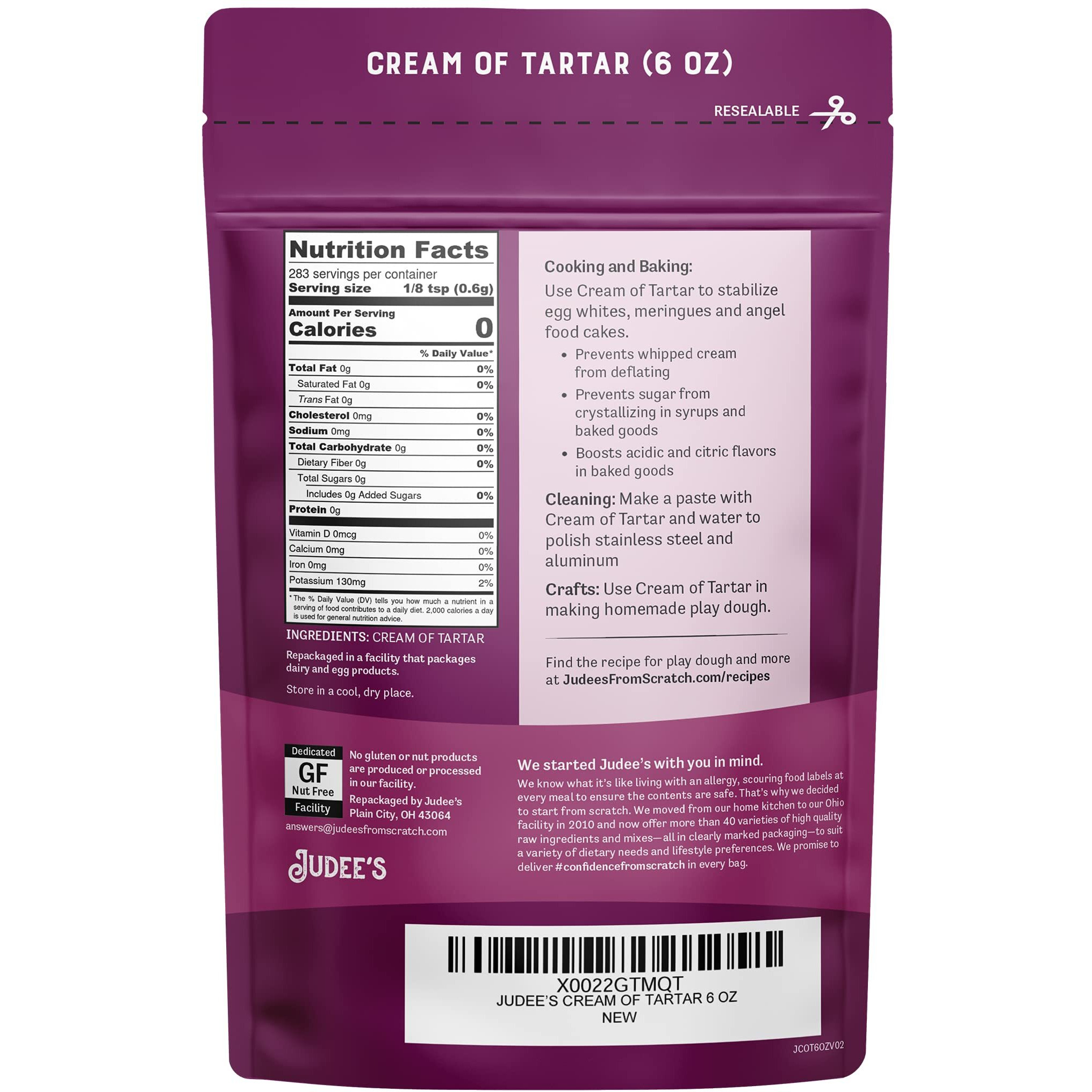 Judees Cream Of Tartar 6 Oz - All Natural, Keto-Friendly, Gluten-Free And Nut-Free - Use For Baking As A Stabilizer, Cleaning And Crafting - Made In Usa