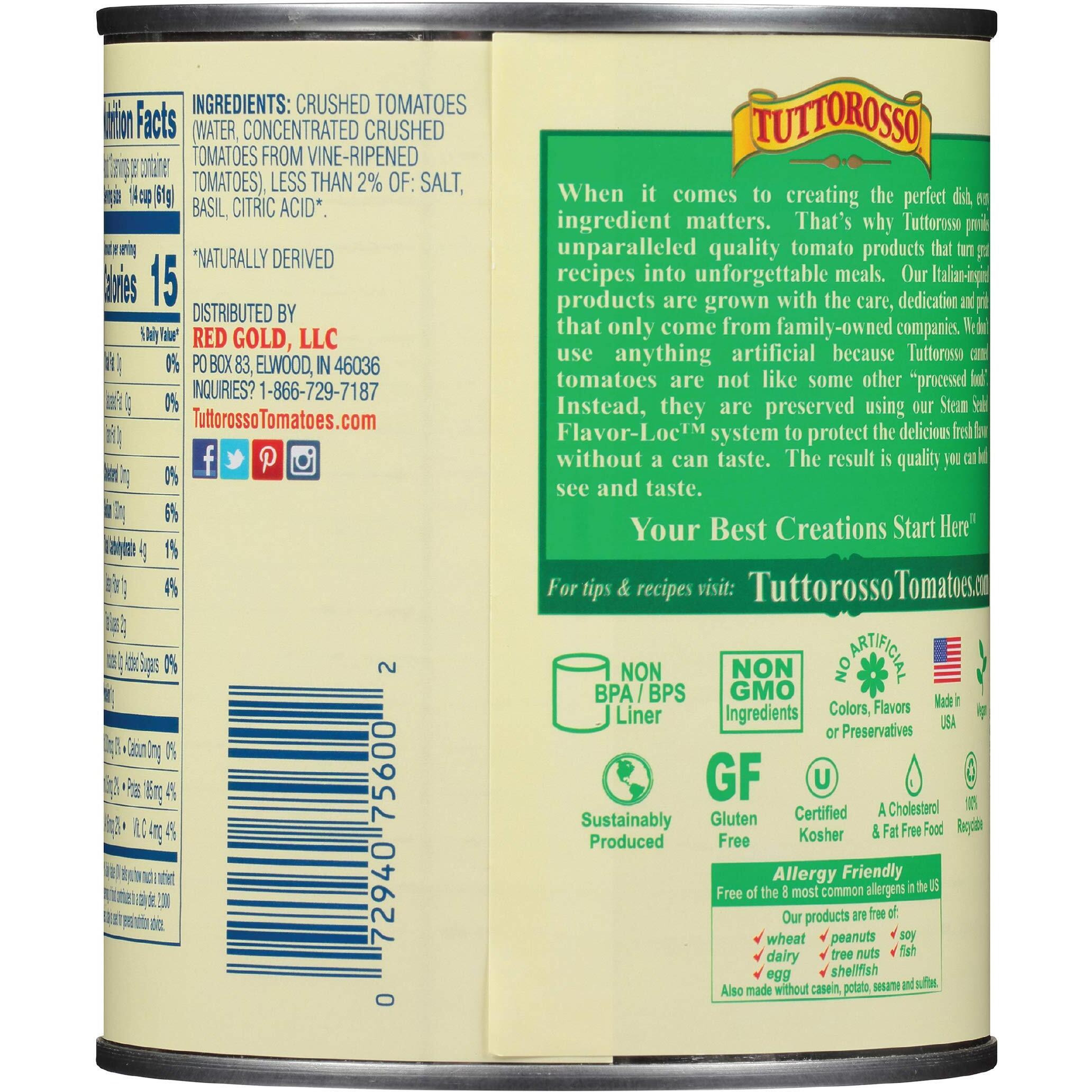 Tuttorosso Crushed Tomatoes With Basil, Gluten Free And Vegetarian Recipe, 28Oz Cans, 6-Pack