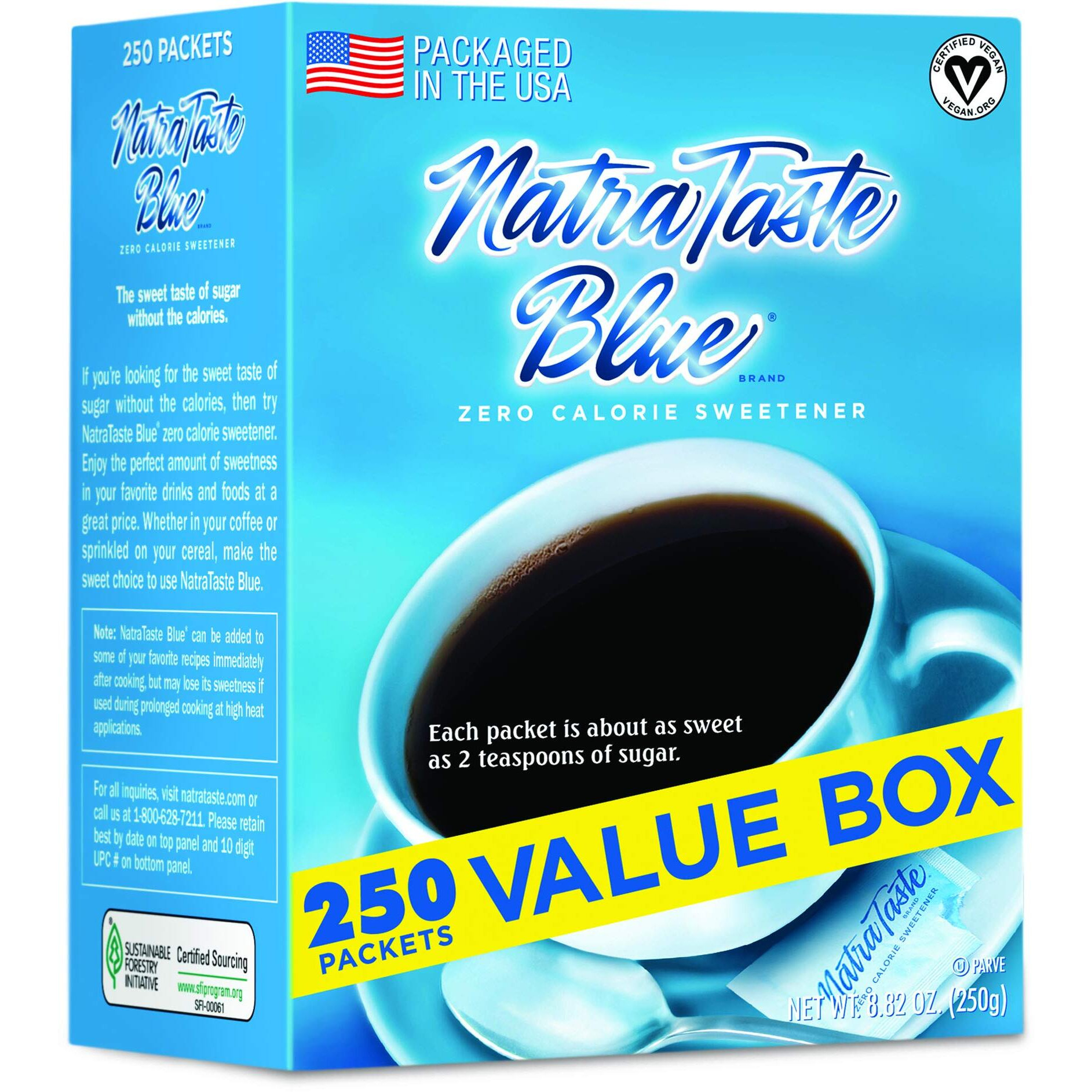 Natrataste Blue Zero Calorie Sweetener, Bulk Sugar Substitute For Coffee, Iced Tea, Lemonade, Hot & Cold Drinks, Baking, Cooking, Low Carb, Vegan, Sugar Alternative, 250 Packets Value Box (1 Pack)