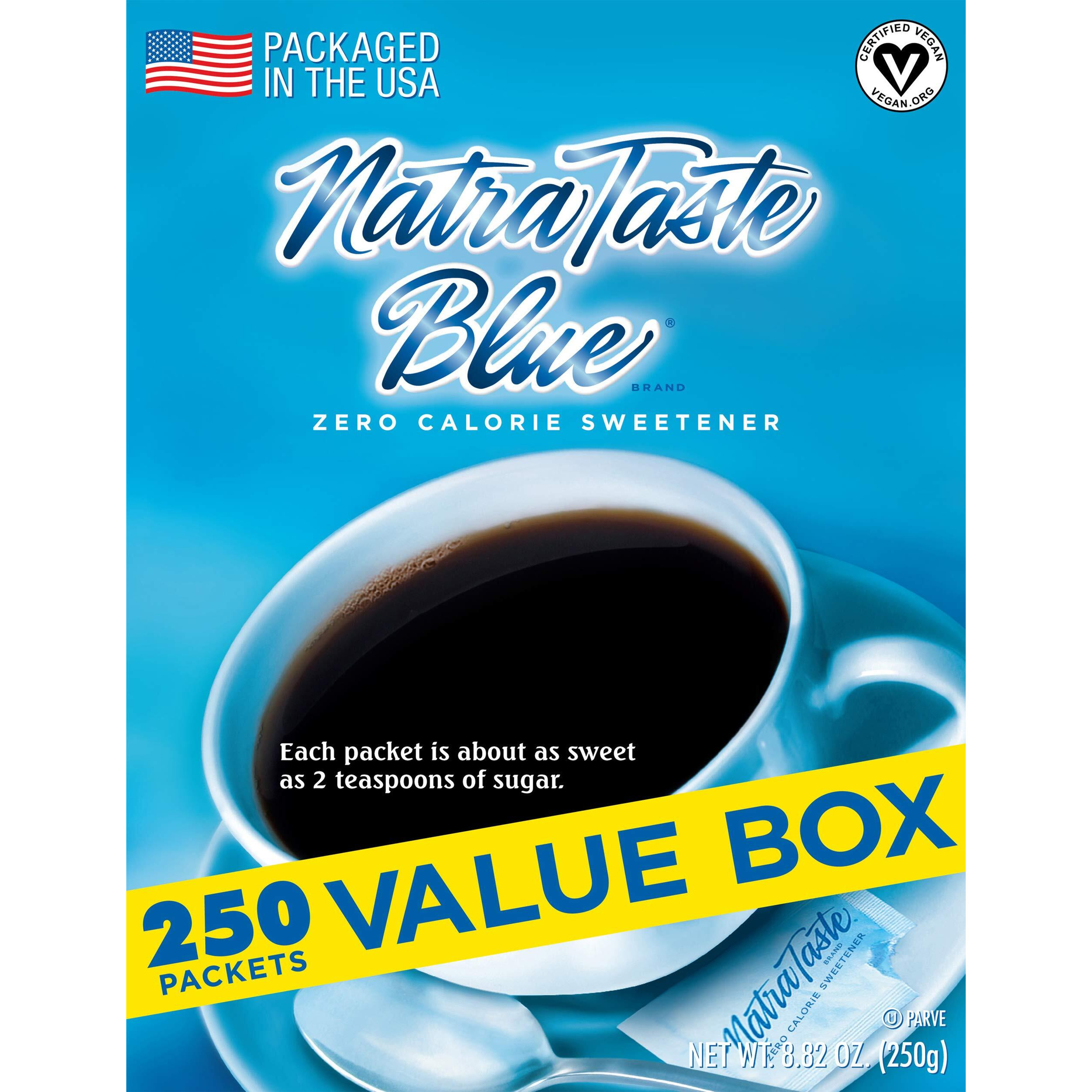 Natrataste Blue Zero Calorie Sweetener, Bulk Sugar Substitute For Coffee, Iced Tea, Lemonade, Hot & Cold Drinks, Baking, Cooking, Low Carb, Vegan, Sugar Alternative, 250 Packets Value Box (1 Pack)