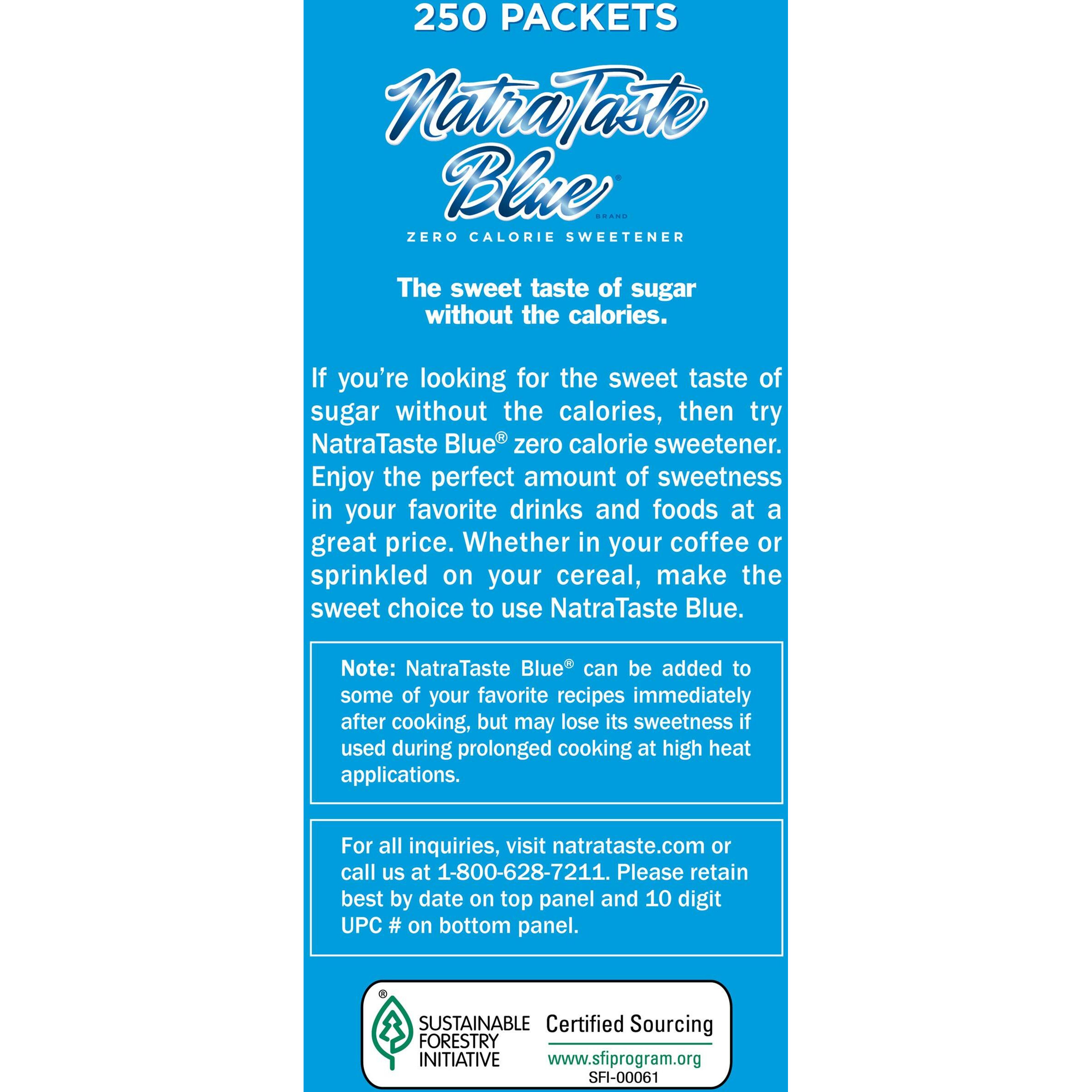 Natrataste Blue Zero Calorie Sweetener, Bulk Sugar Substitute For Coffee, Iced Tea, Lemonade, Hot & Cold Drinks, Baking, Cooking, Low Carb, Vegan, Sugar Alternative, 250 Packets Value Box (1 Pack)