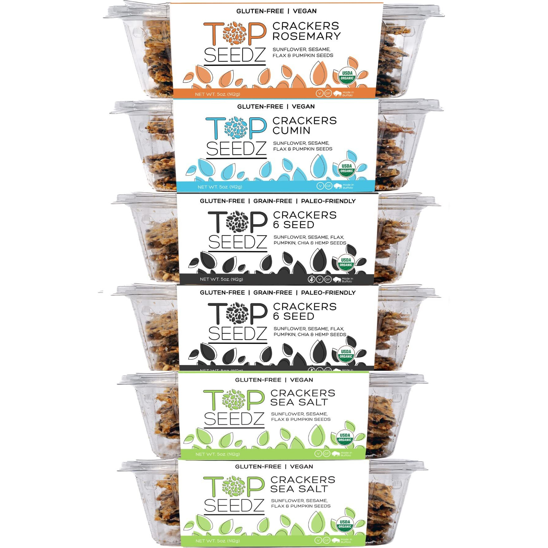 Top Seedz Certified Organic Gluten Free Savory Sensation Seed Crackers | 6-Pack | 5 Ounces | Healthy Vegan Crackers With Plant Based Protein | Made Of Sunflower, Flax, Sesame And Pumpkin Seed