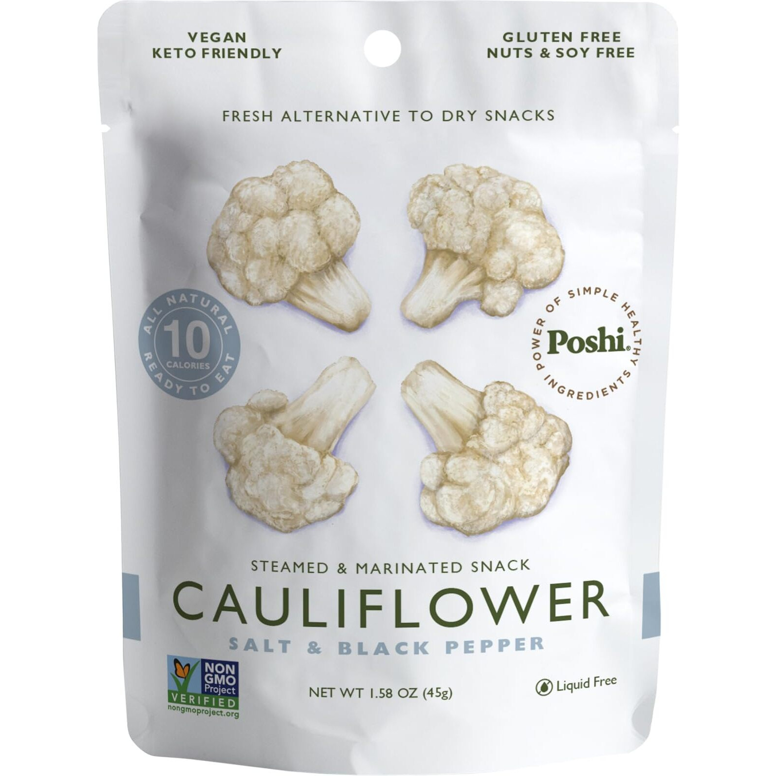 Poshi Marinated Cauliflower Florets Snack Pack | Salt + Pepper | Keto, Vegan, Paleo, Non Gmo, Low Carb + Calorie, Gluten Free, Fully Cooked Vegetables, Gourmet, Healthy, All Natural (10 Pack, 1.58 Oz)