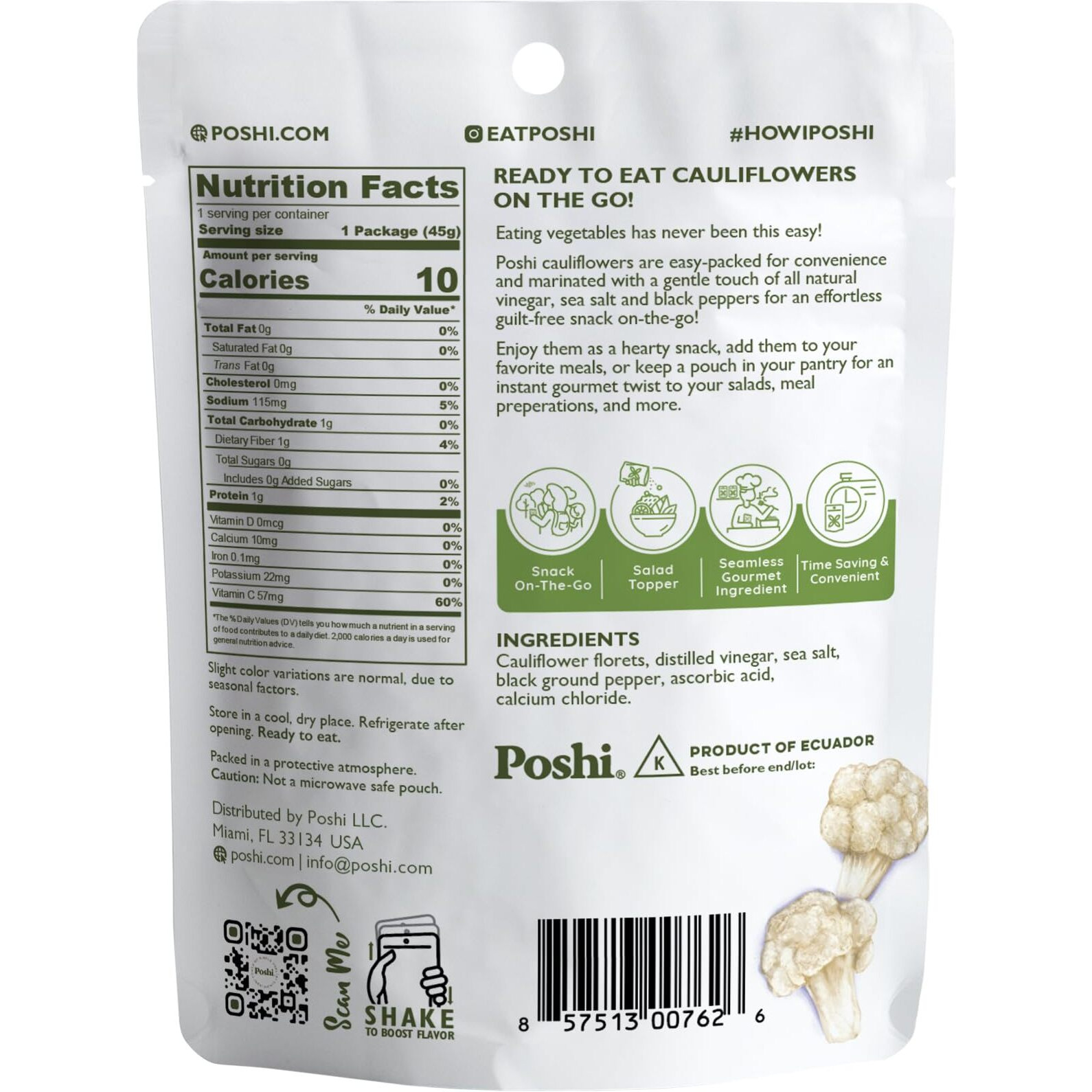 Poshi Marinated Cauliflower Florets Snack Pack | Salt + Pepper | Keto, Vegan, Paleo, Non Gmo, Low Carb + Calorie, Gluten Free, Fully Cooked Vegetables, Gourmet, Healthy, All Natural (10 Pack, 1.58 Oz)
