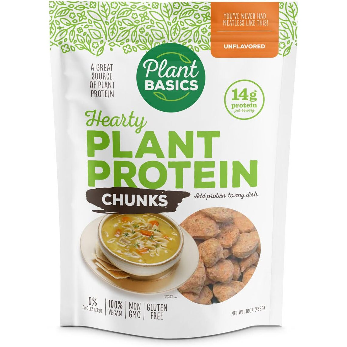 Plant Basics - Hearty Plant Protein - Unflavored Chunks, 1 Lb (Pack Of 6), Non-Gmo, Gluten Free, Low Fat, Low Sodium, Vegan, Meat Substitute