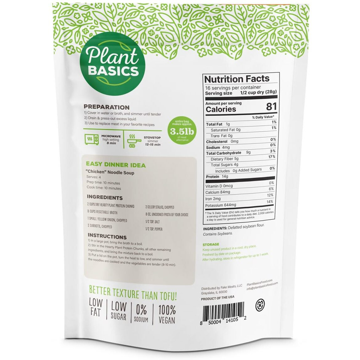 Plant Basics - Hearty Plant Protein - Unflavored Chunks, 1 Lb (Pack Of 6), Non-Gmo, Gluten Free, Low Fat, Low Sodium, Vegan, Meat Substitute