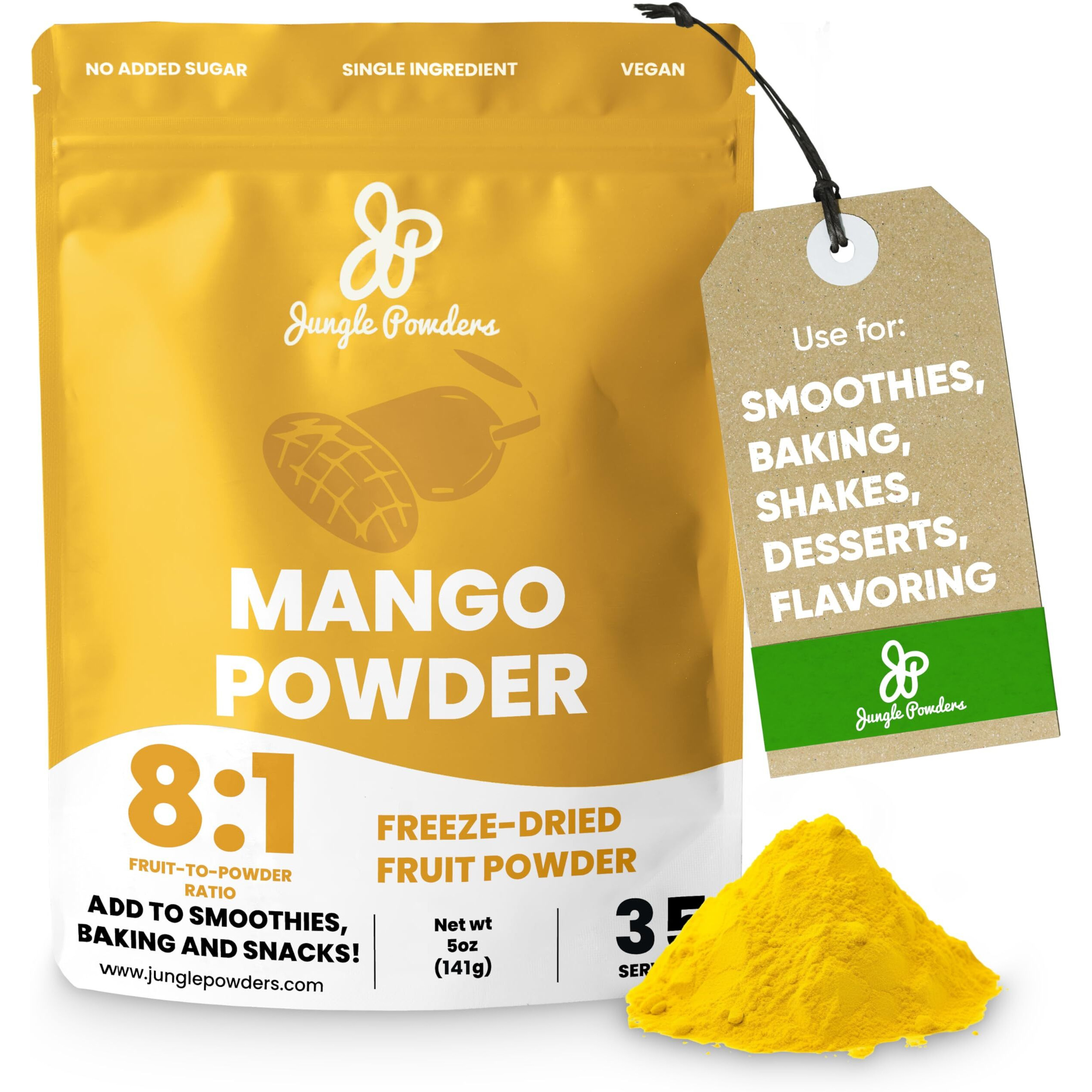 Jungle Powders Freeze Dried Mango Powder 5 Ounce Bag, Mango Extract For Baking No Sugar Added Dry Mango Powder Juice Additive Free Mangoes Whole Fruit Dried Mango Juice For Smoothie Flavoring