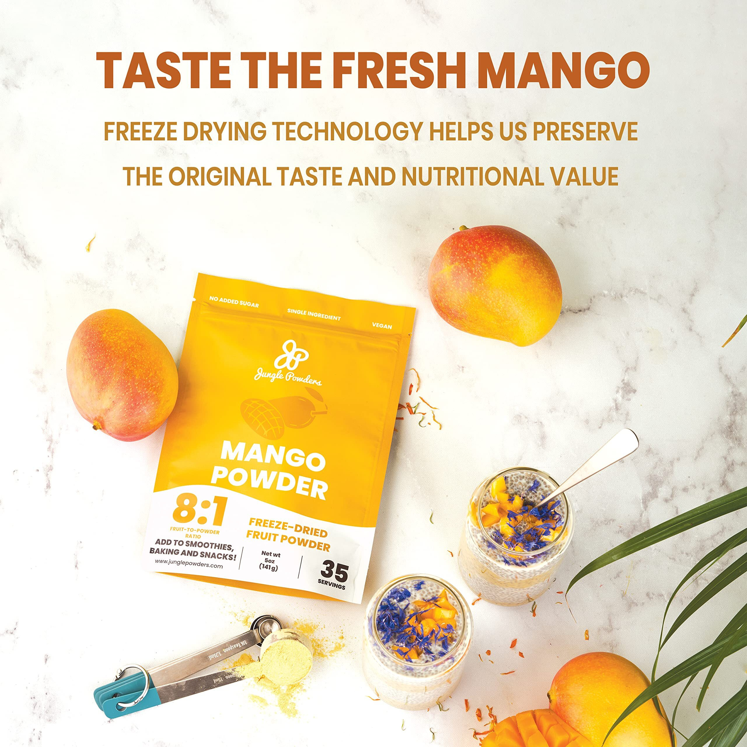 Jungle Powders Freeze Dried Mango Powder 5 Ounce Bag, Mango Extract For Baking No Sugar Added Dry Mango Powder Juice Additive Free Mangoes Whole Fruit Dried Mango Juice For Smoothie Flavoring