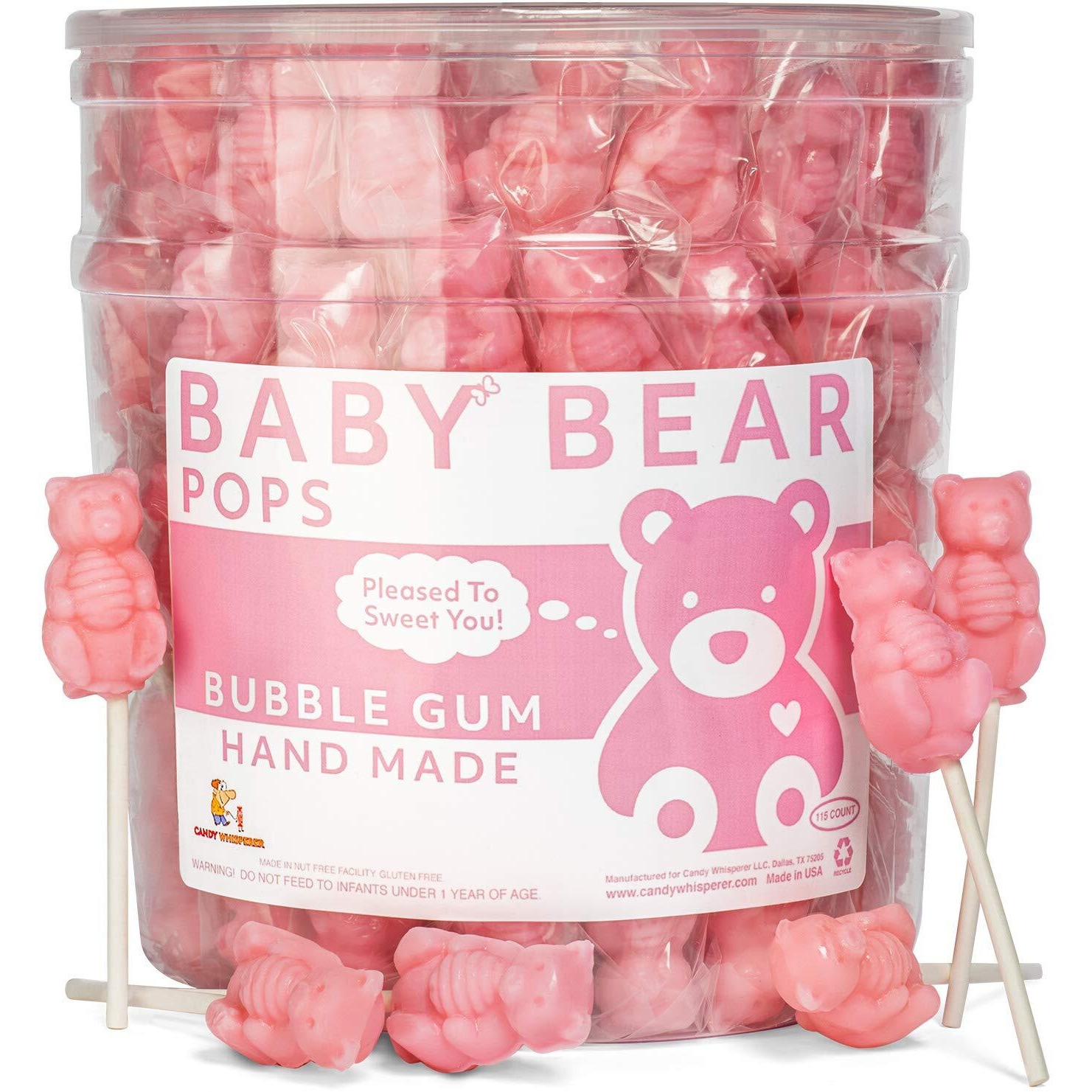 Pink Bear Pops Lollipop Suckers Individually Wrapped Baby Bear Candy On A Stick By Espeez - Bubble Gum Bears (115 Count)