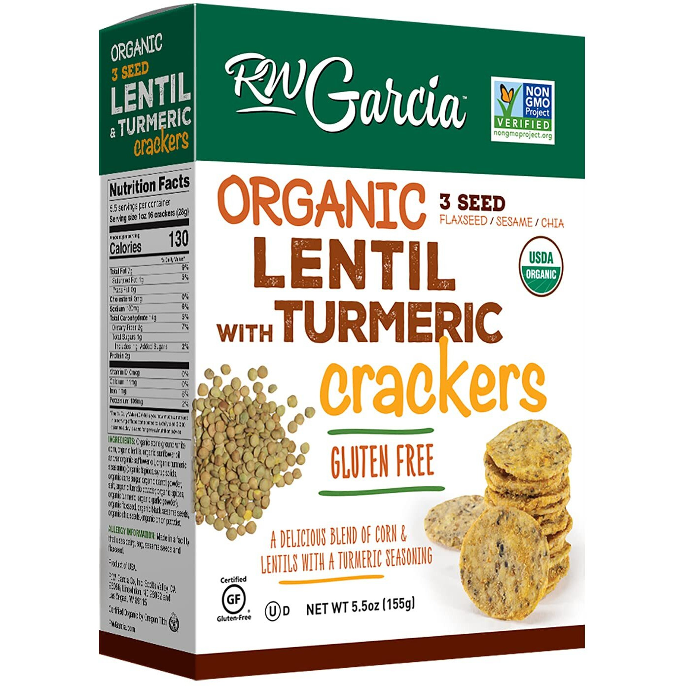 Rw Garcia Organic Lentil & Turmeric Crackers, Gluten Free, 5.5Oz Boxes, 6 Pack