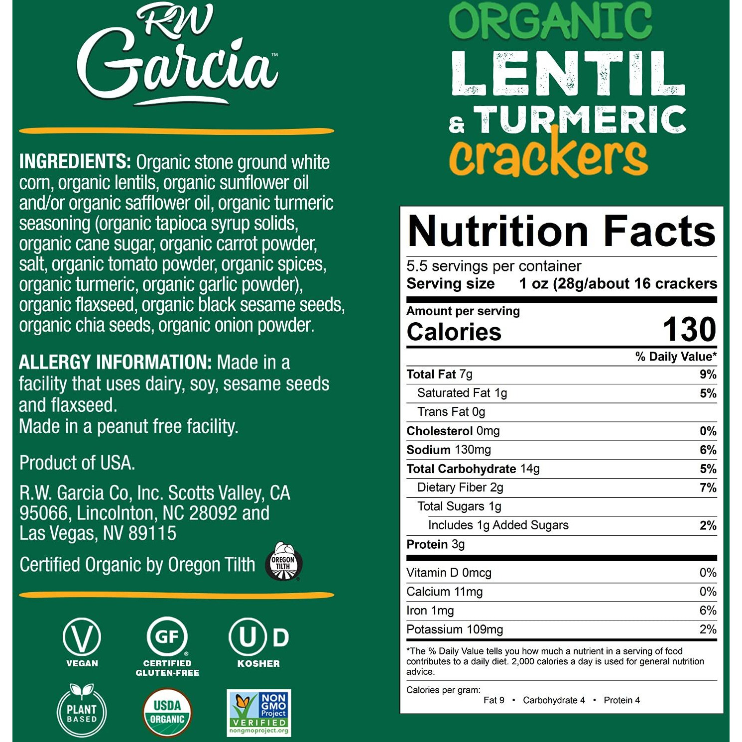 Rw Garcia Organic Lentil & Turmeric Crackers, Gluten Free, 5.5Oz Boxes, 6 Pack