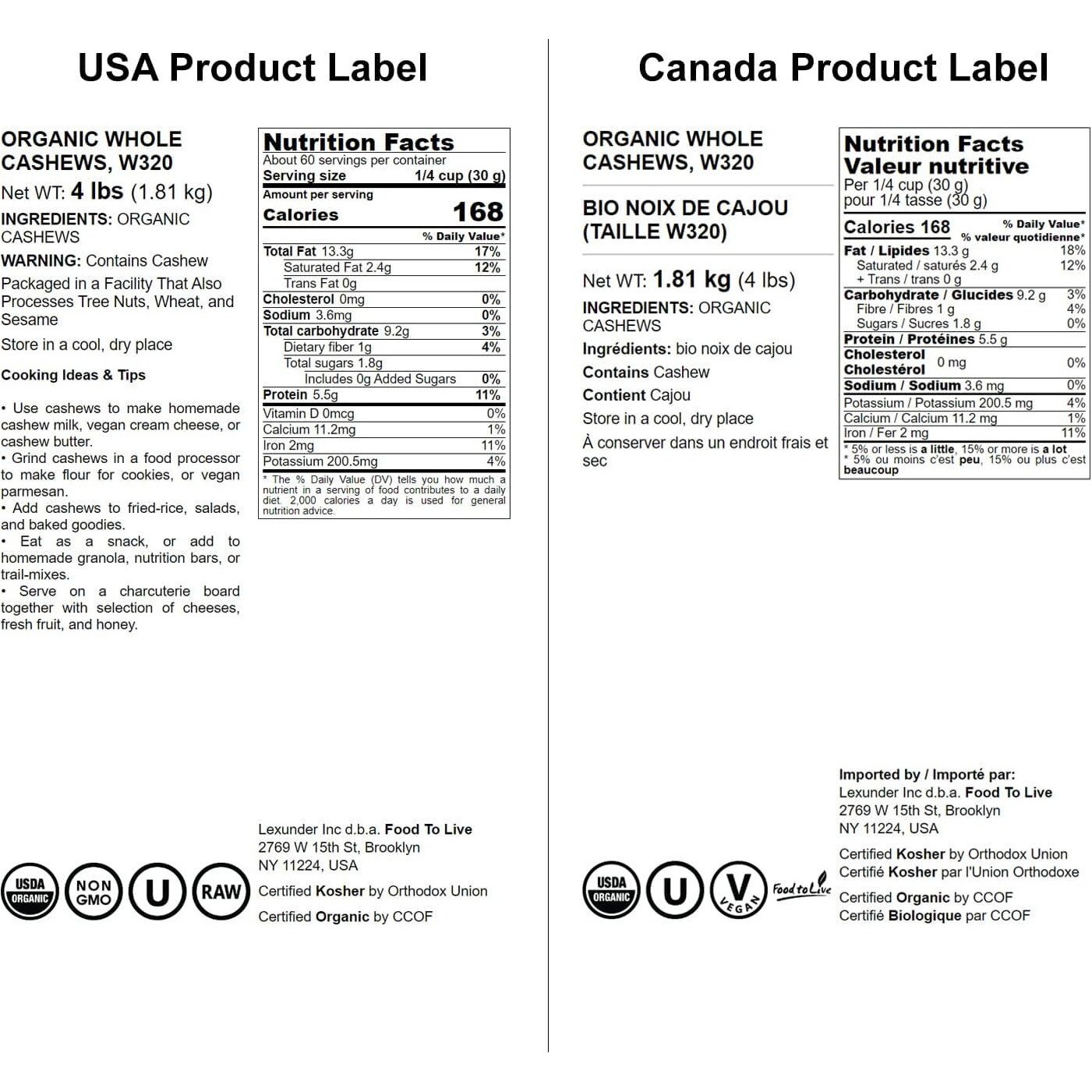 Food To Live - Organic Cashews, 4 Pounds Whole, Unsalted, Non-Gmo, Kosher, Raw, Vegan, Bulk