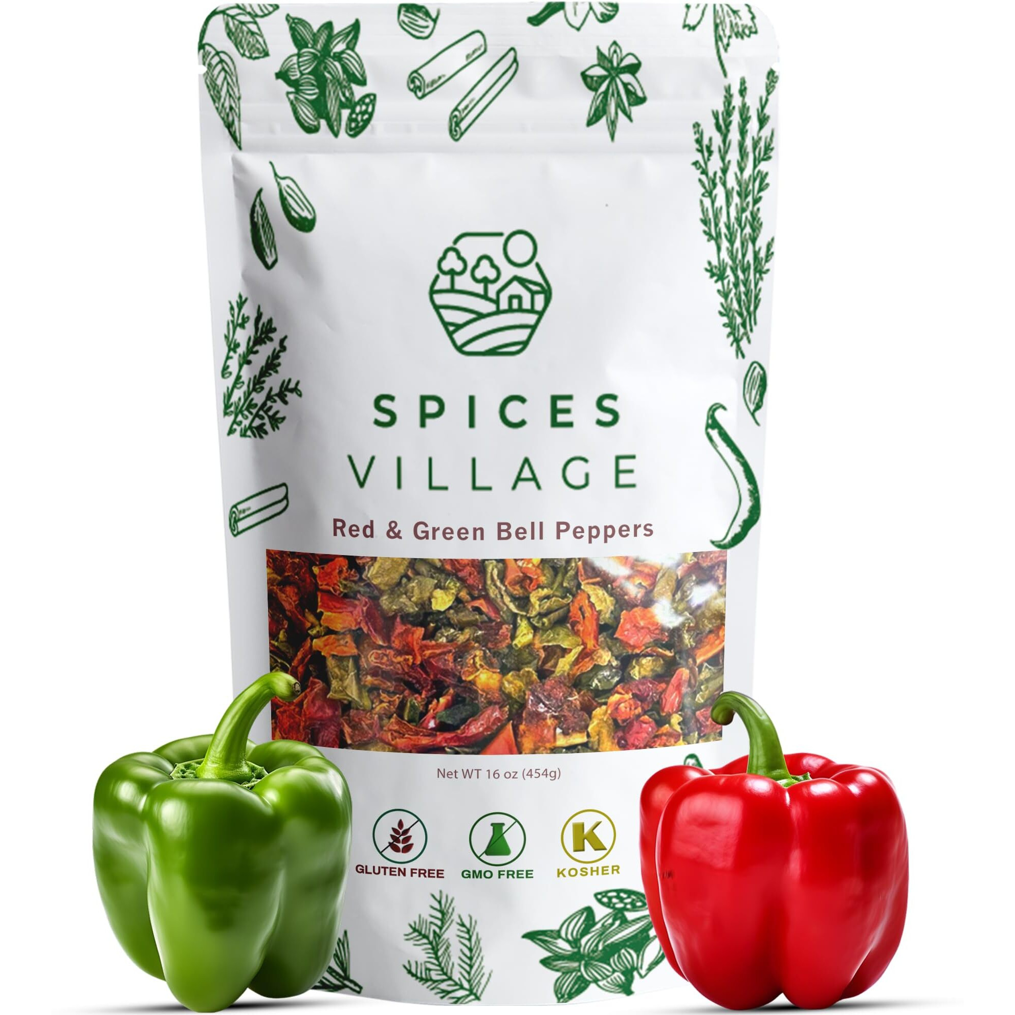 Spices Village Dehydrated Red And Green Bell Peppers Mix, Dried Bell Pepper Flakes, 16 Oz (1 Lb), Dried Ramen Toppings, Bulk Dried Vegetables For Soup Mix, Kosher, Gluten Free, Non Gmo