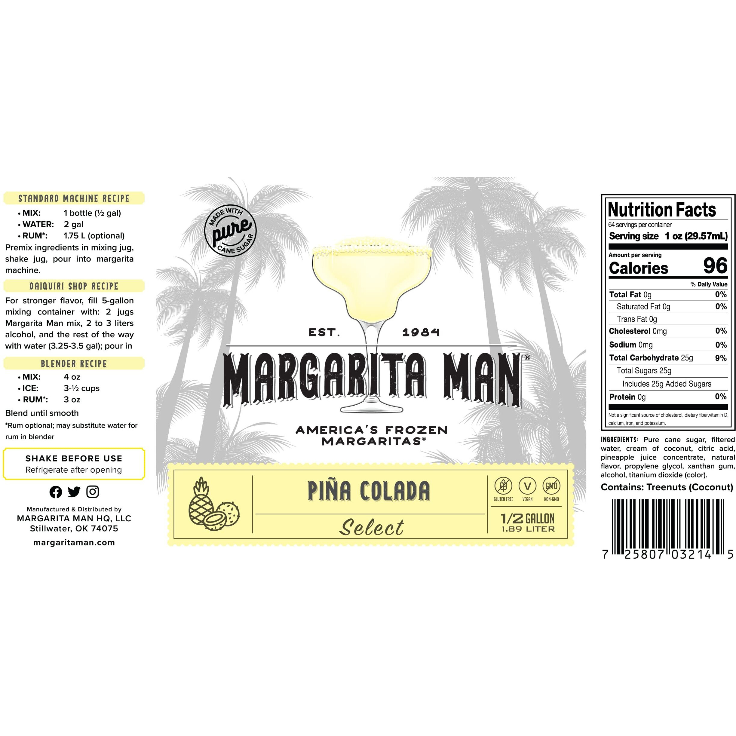 Margarita Man Pia Colada Select | 64Oz Bottle, Makes 48 Drinks | Made With Pure Cane Sugar