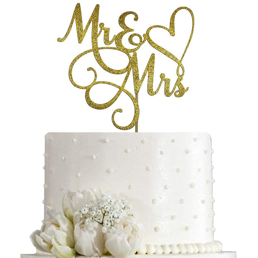 Aminjie Gold Glitter Mr & Mrs Cake Topper - Wedding, Engagement, Wedding Anniversary Cake Toppers Decorations