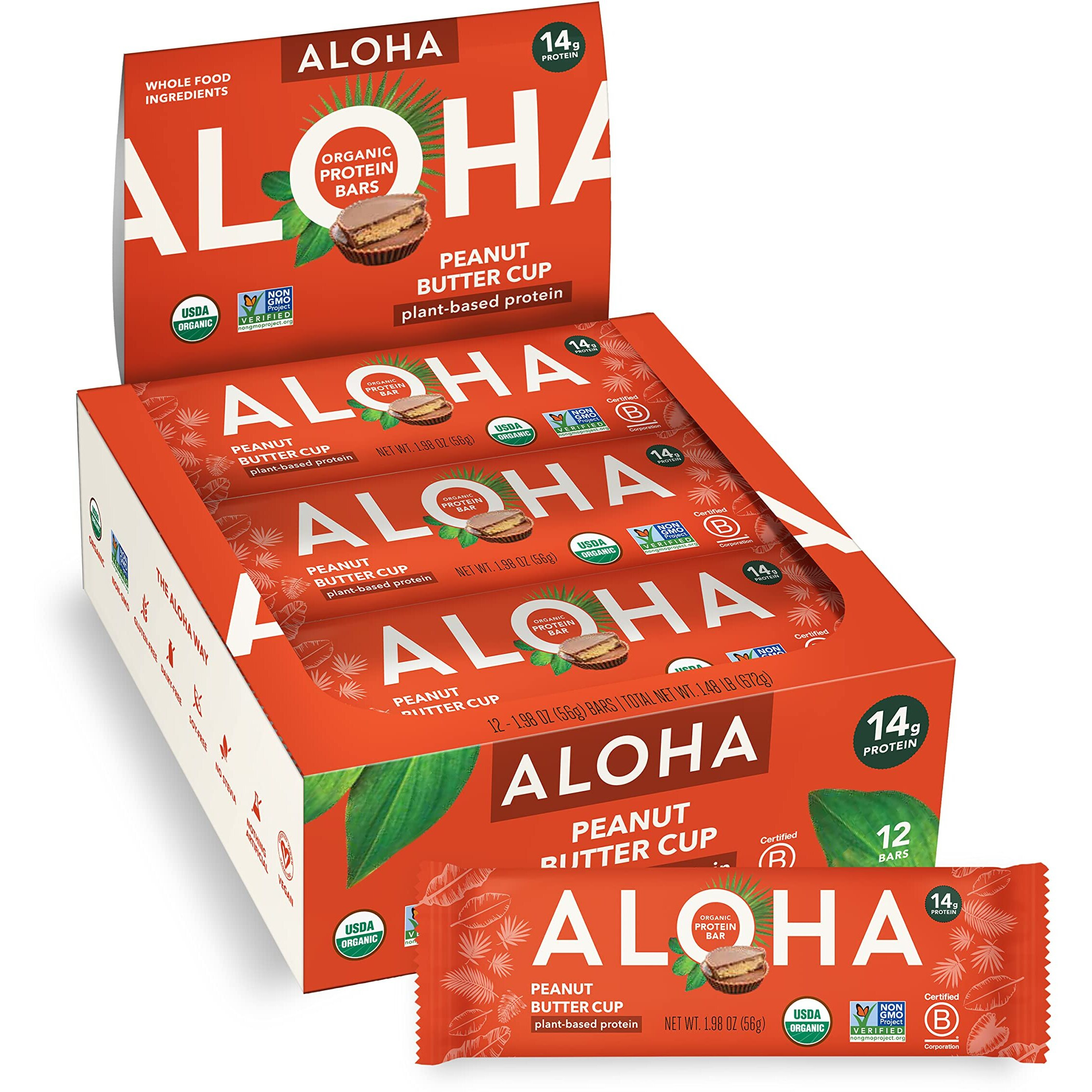 Aloha Organic Plant Based Protein Bars - Peanut Butter Cup Bar - 12 Bars, Vegan, Low Sugar, Gluten-Free, Low Carb, Non-Gmo, No Stevia, No Erythritol