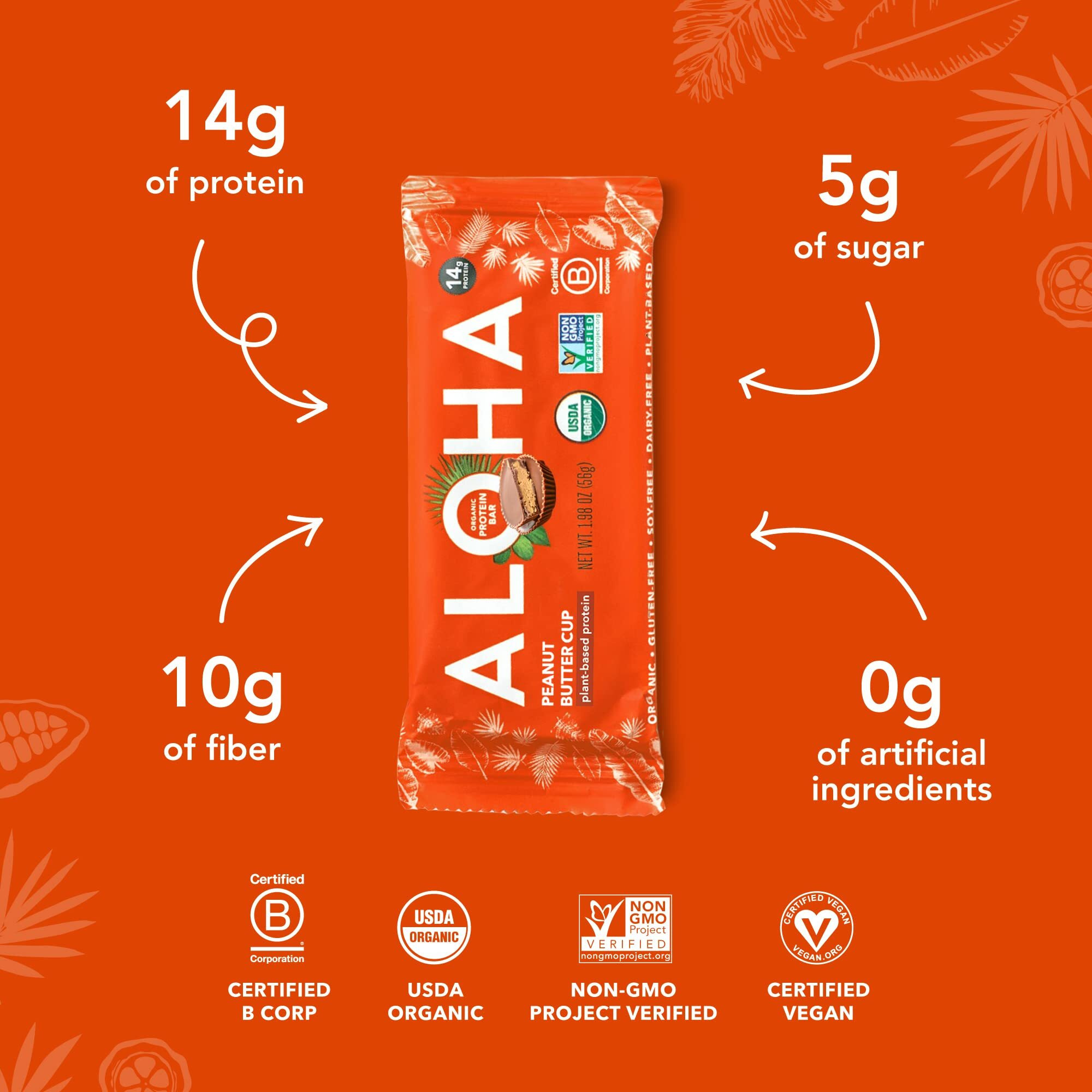 Aloha Organic Plant Based Protein Bars - Peanut Butter Cup Bar - 12 Bars, Vegan, Low Sugar, Gluten-Free, Low Carb, Non-Gmo, No Stevia, No Erythritol