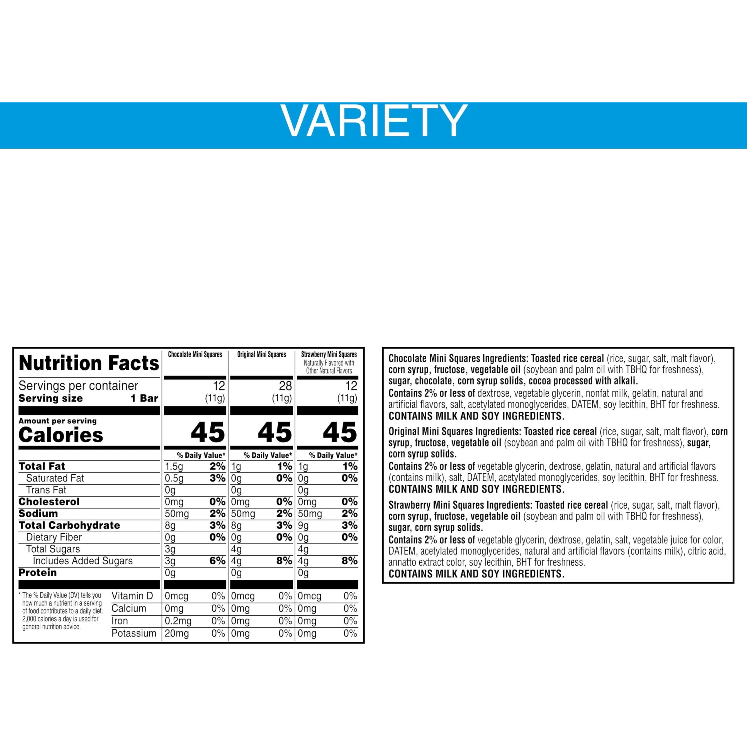 Rice Krispies Treats Mini Squares, Kids Snacks, Lunch Snacks, Variety Pack, 20.1Oz Box (52 Bars)