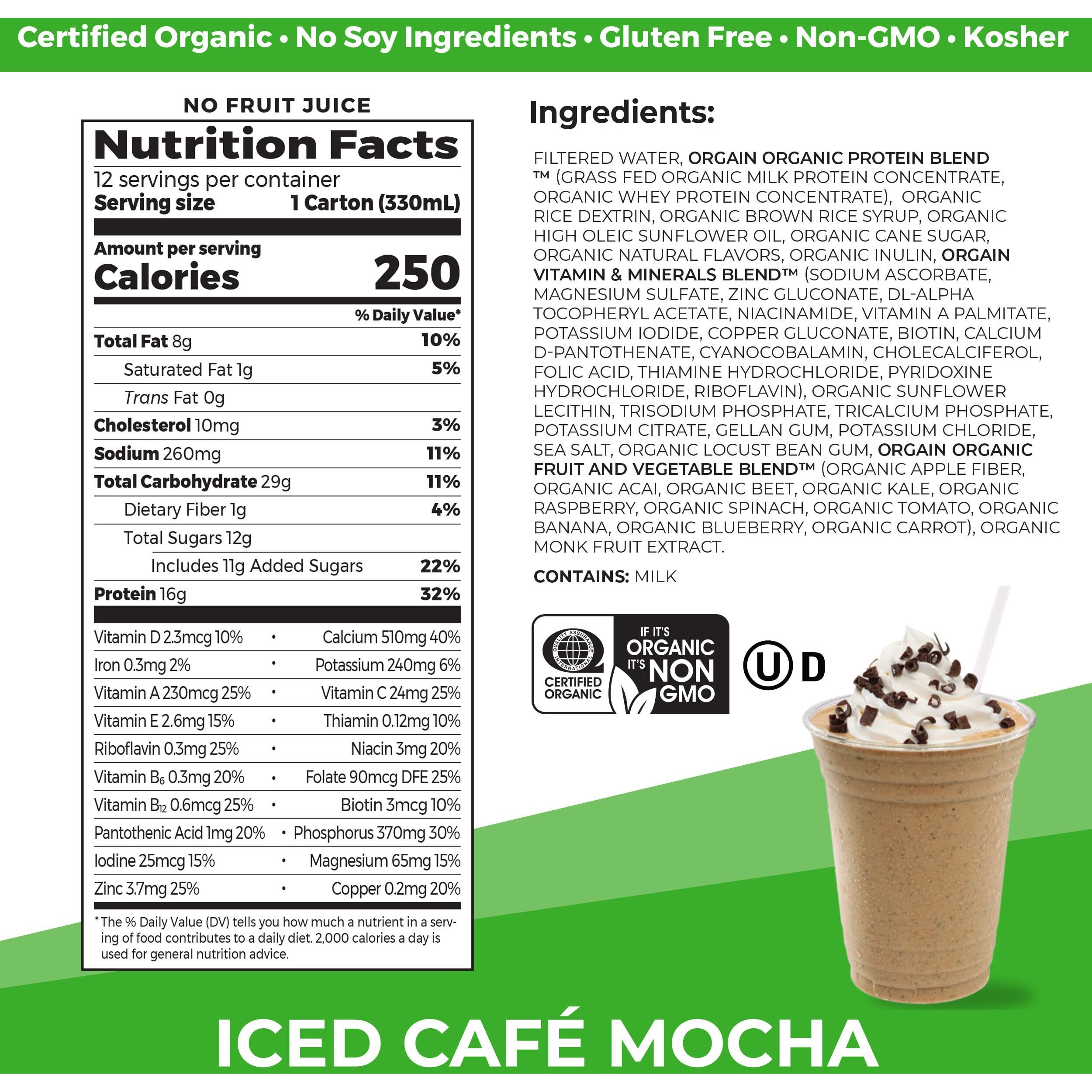 Orgain Organic Nutritional Protein Shake, Iced Caf   Mocha - 16G Grass Fed Whey Protein, Meal Replacement, 20 Vitamins & Minerals, Fruits & Vegetables, Gluten Free, Non-Gmo, 11 Fl Oz (12 Pack)