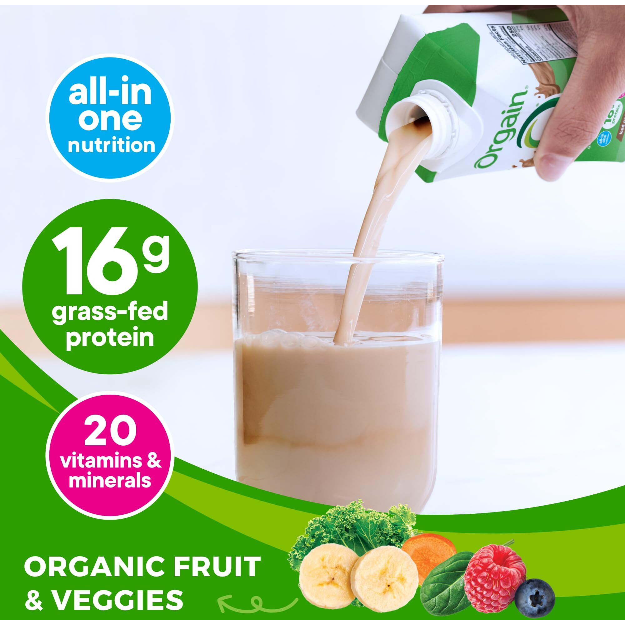 Orgain Organic Nutritional Protein Shake, Iced Caf   Mocha - 16G Grass Fed Whey Protein, Meal Replacement, 20 Vitamins & Minerals, Fruits & Vegetables, Gluten Free, Non-Gmo, 11 Fl Oz (12 Pack)