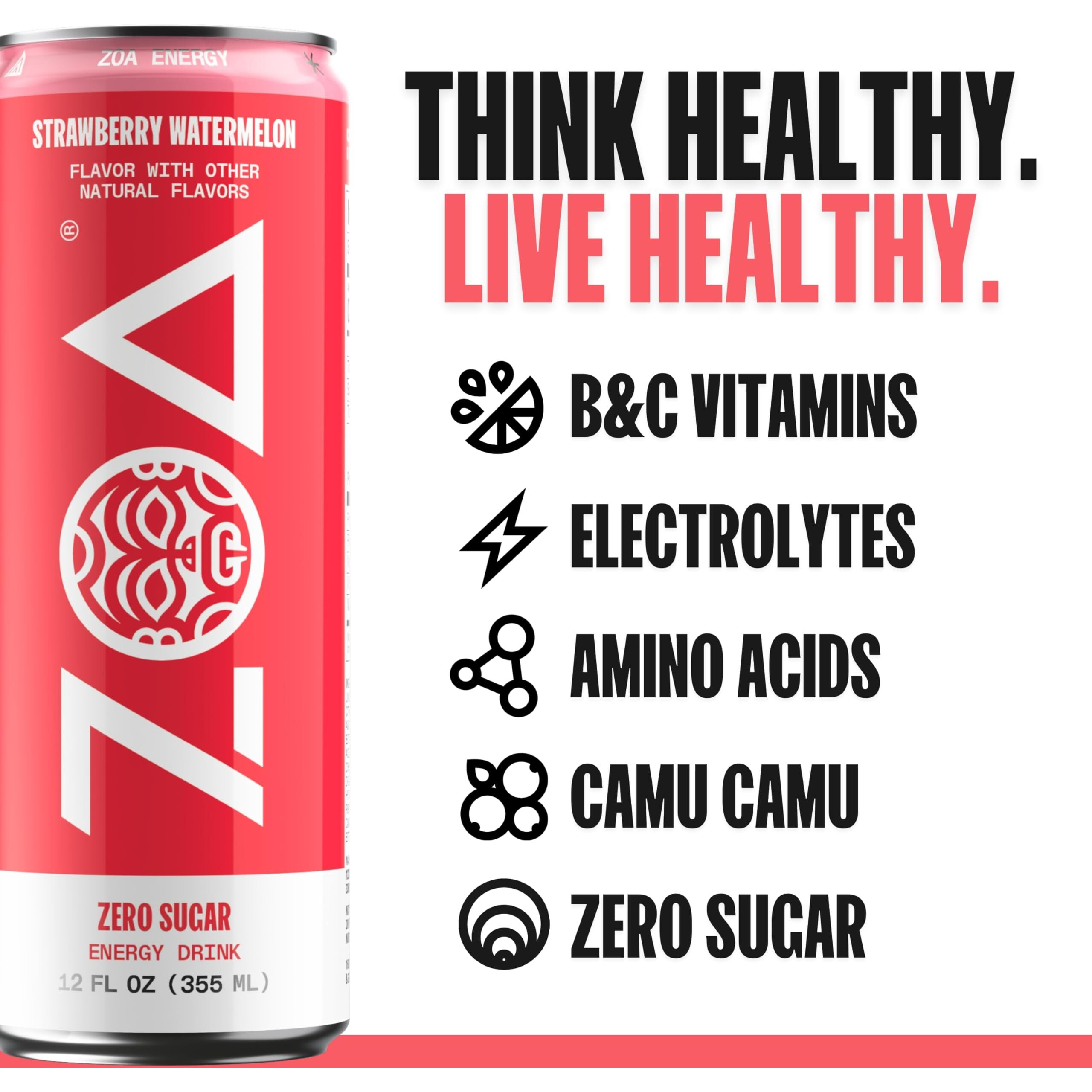 Zoa Zero Sugar Energy Drinks, Strawberry Watermelon - Sugar Free With Electrolytes, Healthy Vitamin C, Amino Acids, Essential B-Vitamins, And Caffeine From Green Tea - 12 Fl Oz (12-Pack)