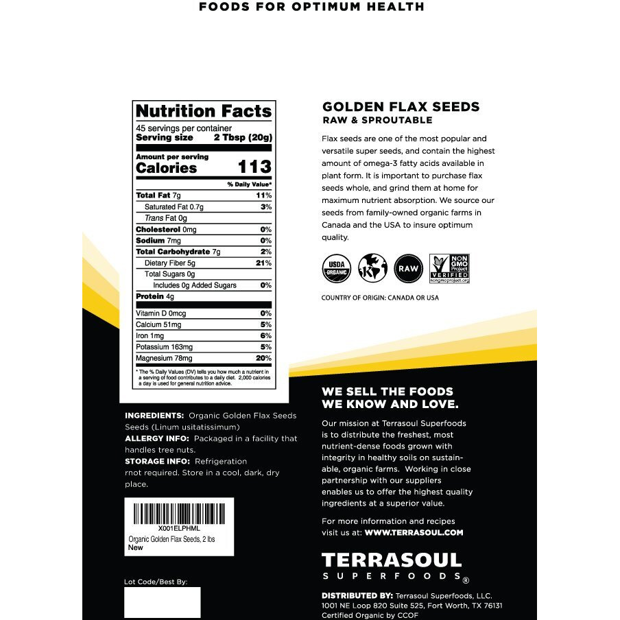 Terrasoul Superfoods Organic Golden Flax Seeds, 2 Lbs - Fiber | Protein | Omega Fats