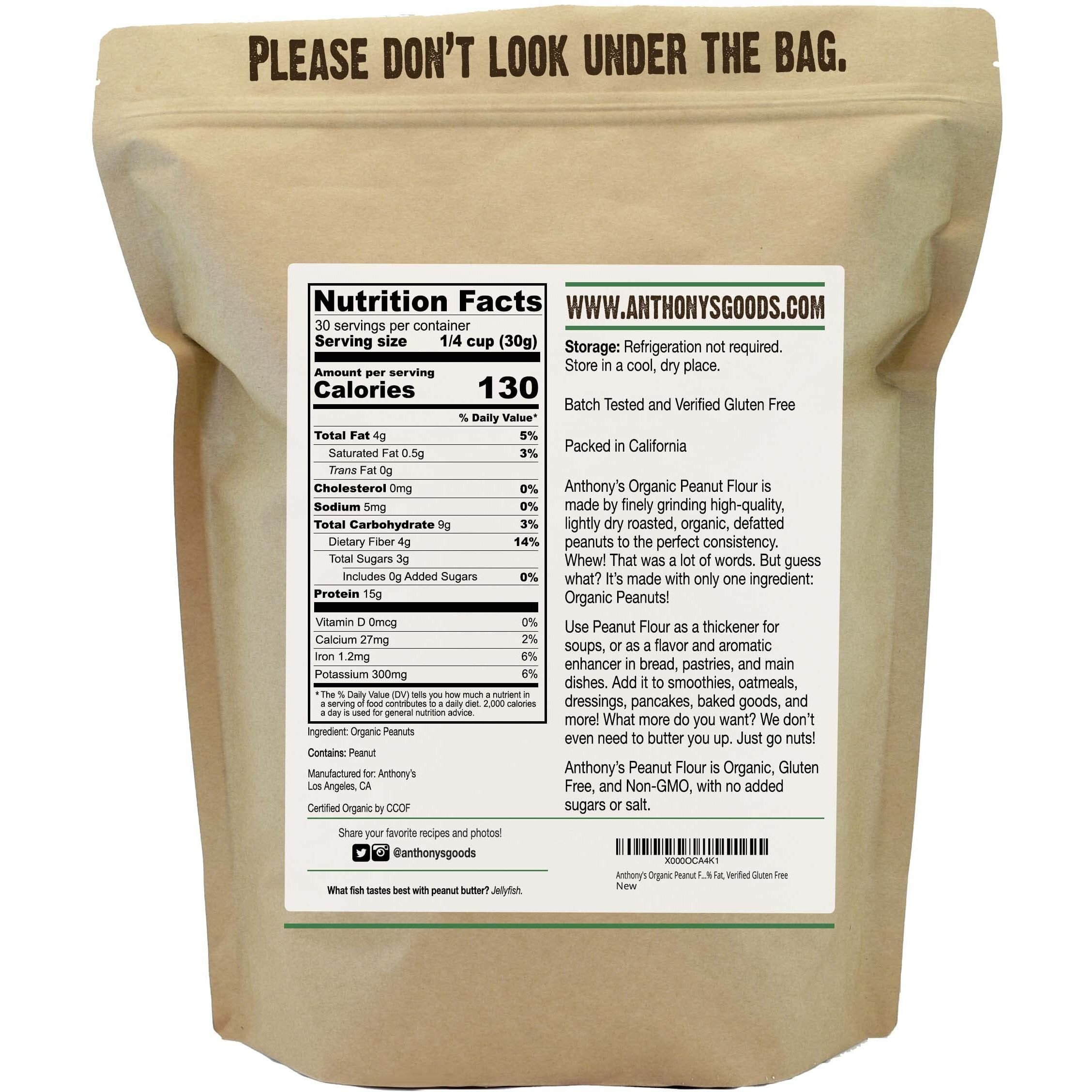 Anthony's Organic Peanut Flour, Defatted, 2 Lb, Light Roast 12% Fat, Verified Gluten Free