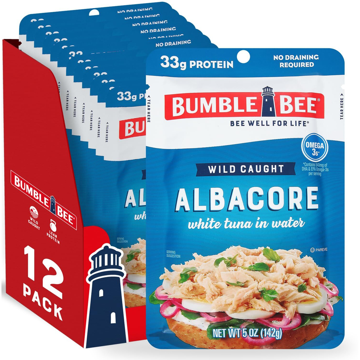 Bumble Bee Solid White Albacore Tuna In Water, 5 Oz Pouch (Pack Of 12) - Wild Caught Tuna - 33G Protein Per Serving, High In Omega-3S - Non-Gmo, Gluten Free, Kosher - No Draining Required