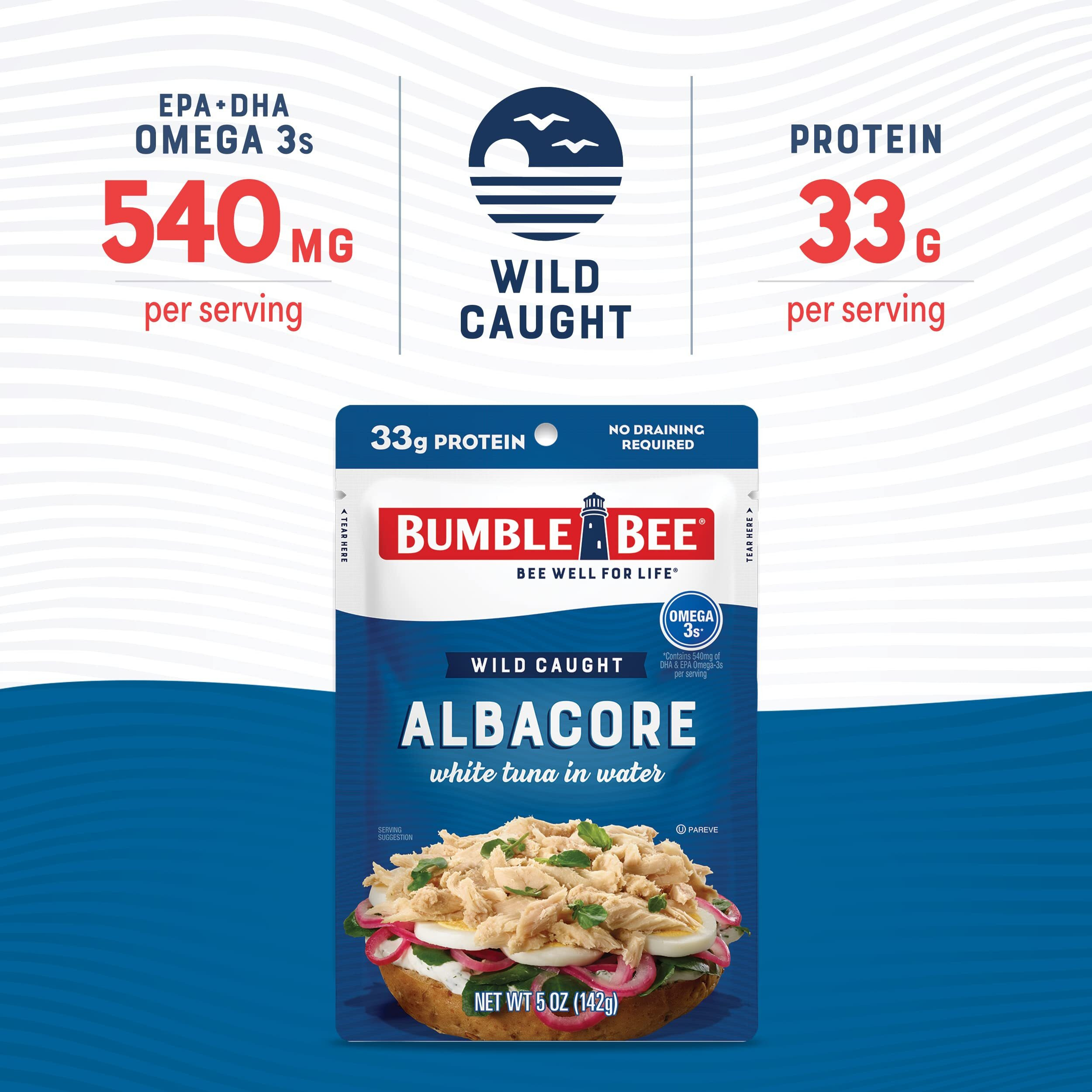 Bumble Bee Solid White Albacore Tuna In Water, 5 Oz Pouch (Pack Of 12) - Wild Caught Tuna - 33G Protein Per Serving, High In Omega-3S - Non-Gmo, Gluten Free, Kosher - No Draining Required