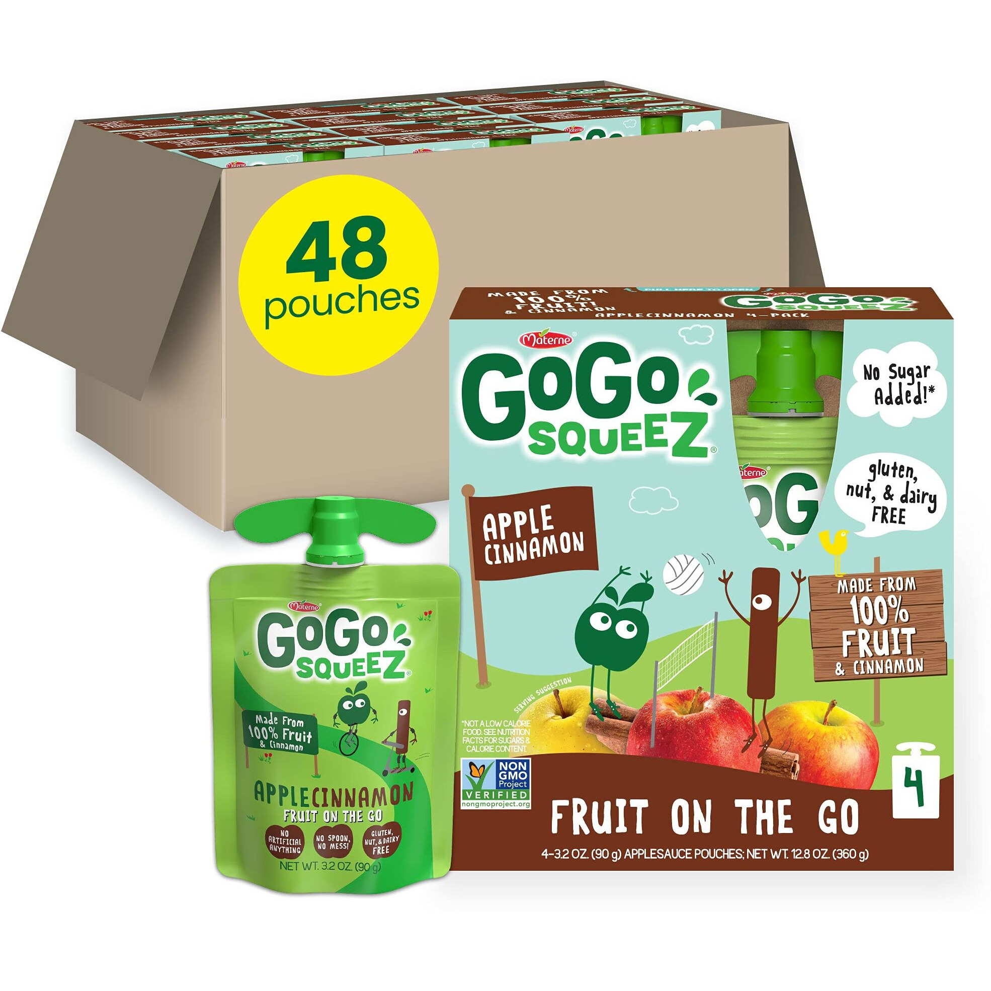 Gogo Squeez Fruit On The Go, Apple Cinnamon, 3.2 Oz (Pack Of 48), Unsweetened Fruit Snacks For Kids, Gluten Free, Nut Free And Dairy Free, Recloseable Cap, Bpa Free Pouches