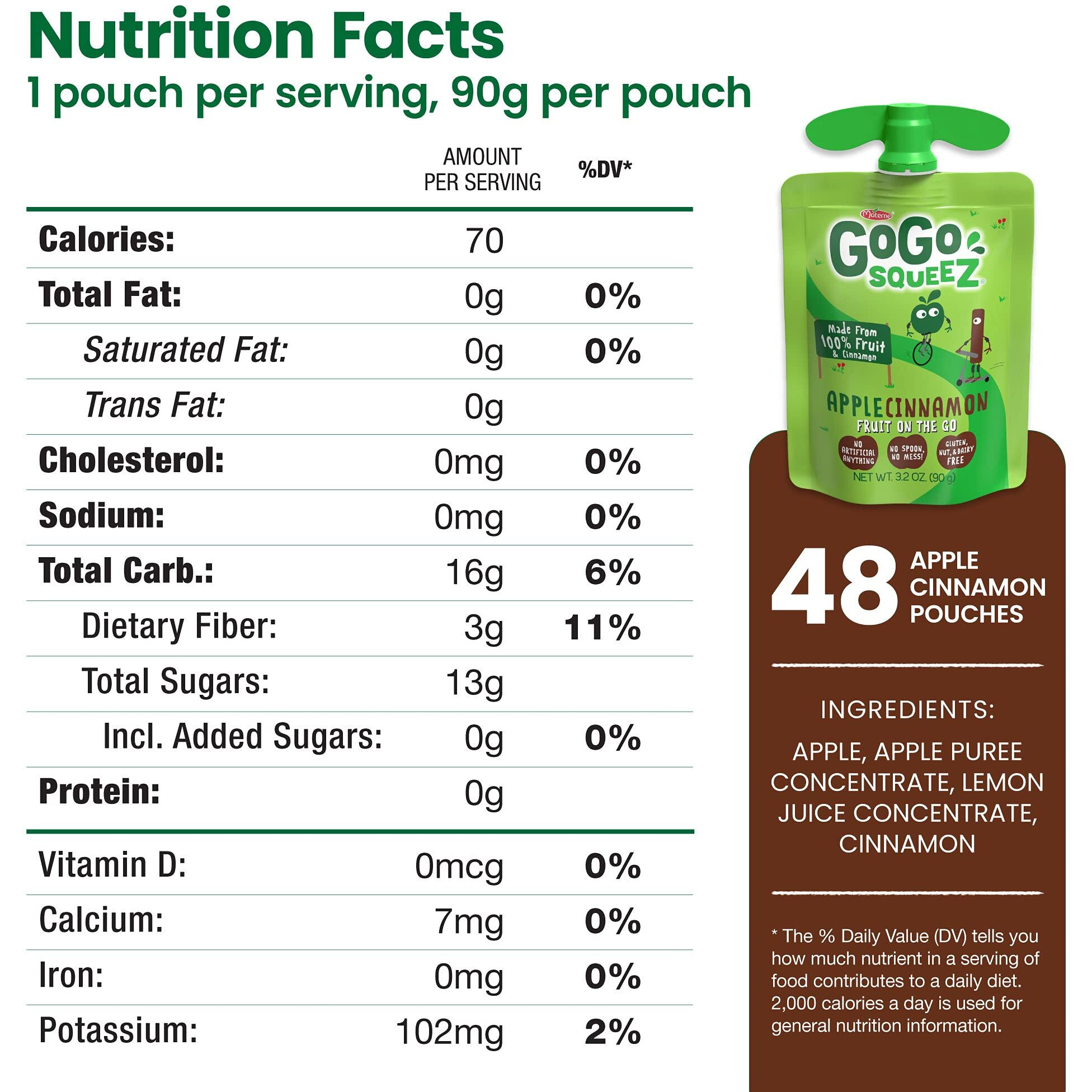 Gogo Squeez Fruit On The Go, Apple Cinnamon, 3.2 Oz (Pack Of 48), Unsweetened Fruit Snacks For Kids, Gluten Free, Nut Free And Dairy Free, Recloseable Cap, Bpa Free Pouches