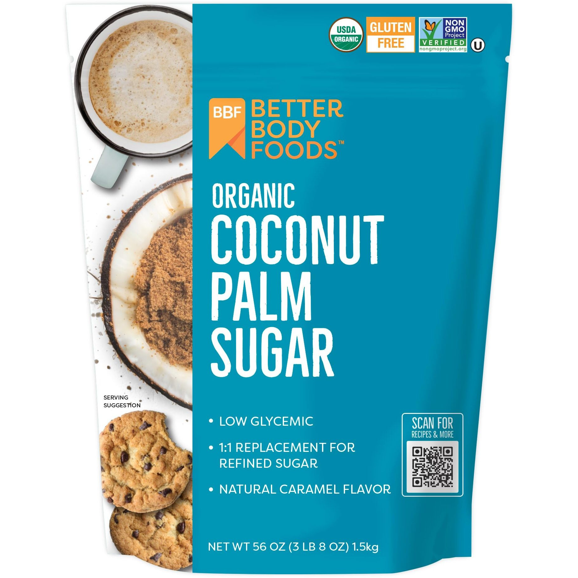 Betterbody Foods Organic Coconut Palm Sugar, Gluten-Free, Non-Gmo, Low Glycemic Sugar Substitute, 3.5 Lbs, 56 Ounces