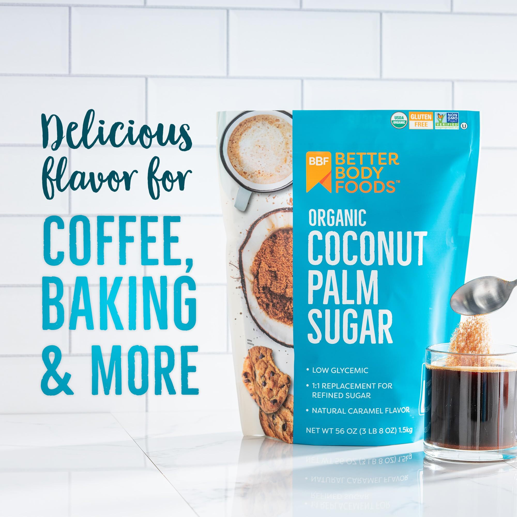 Betterbody Foods Organic Coconut Palm Sugar, Gluten-Free, Non-Gmo, Low Glycemic Sugar Substitute, 3.5 Lbs, 56 Ounces