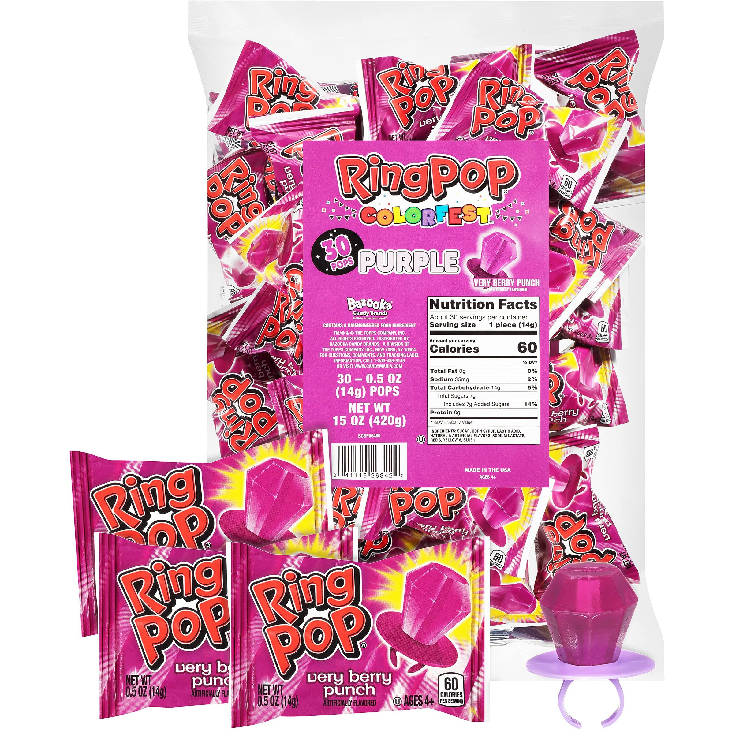 Ring Pop Colorfest Purple Very Berry Punch Bulk Halloween Candy - 30 Ct Individually Wrapped Lollipops - Fun Candy For Party Favors, Halloween Parties, Trick Or Treat Goodie Bags, Bachelorette Parties