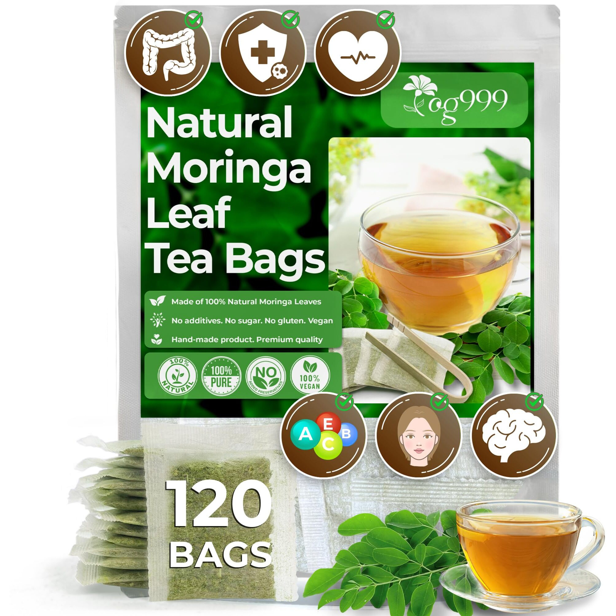 Tog999, Premium 120 Moringa Leaf Tea Bags, 100% Natural & Pure From Moringa Leaves. Loose Leaf Moringa Herbal Tea. Moringa Leaf Tea. No Sugar, No Caffeine, No Gluten, Vegan.