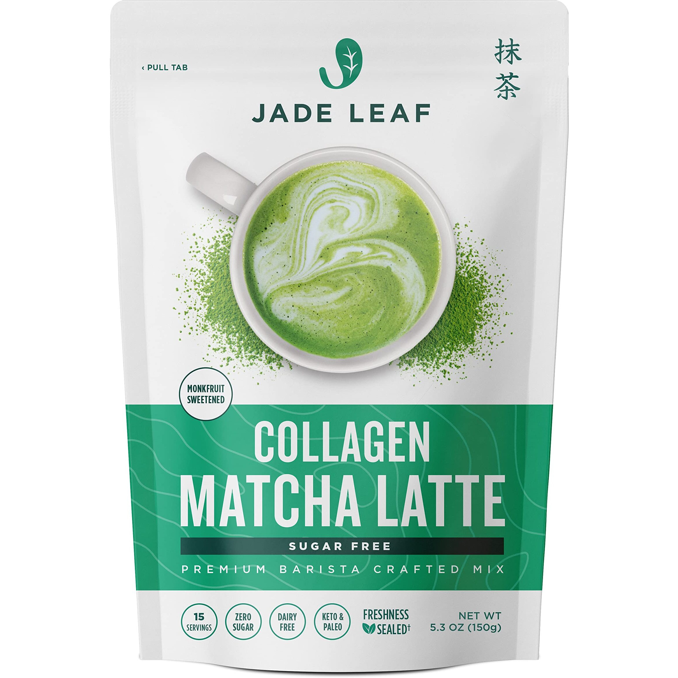 Jade Leaf Matcha Caf   Style Sugar Free Matcha Latte Green Tea Powder With Grass Fed Collagen, Monkfruit Sweetened, Premium Barista Crafted Mix, Authentically Japanese, 15 Servings (5.3 Ounces)