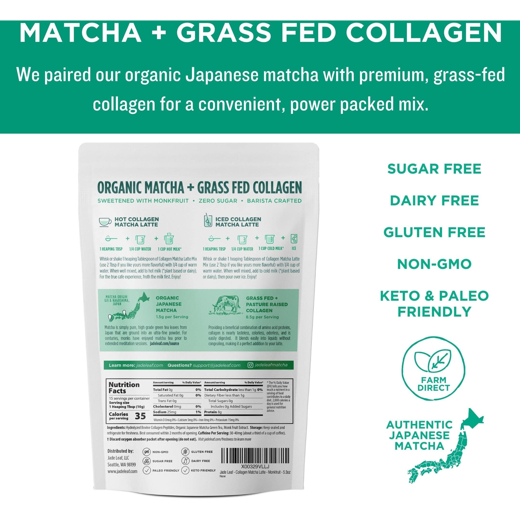 Jade Leaf Matcha Caf   Style Sugar Free Matcha Latte Green Tea Powder With Grass Fed Collagen, Monkfruit Sweetened, Premium Barista Crafted Mix, Authentically Japanese, 15 Servings (5.3 Ounces)