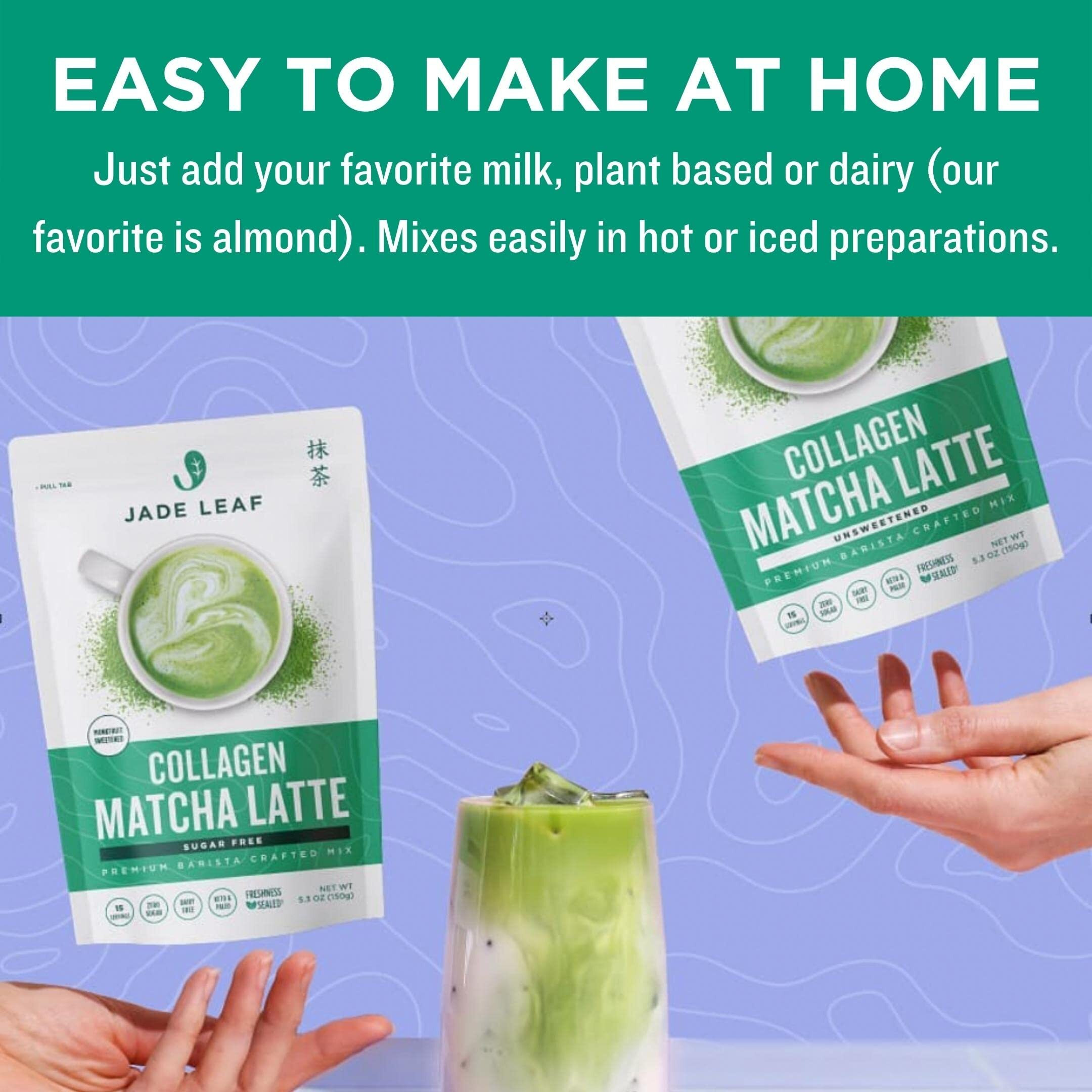 Jade Leaf Matcha Caf   Style Sugar Free Matcha Latte Green Tea Powder With Grass Fed Collagen, Monkfruit Sweetened, Premium Barista Crafted Mix, Authentically Japanese, 15 Servings (5.3 Ounces)