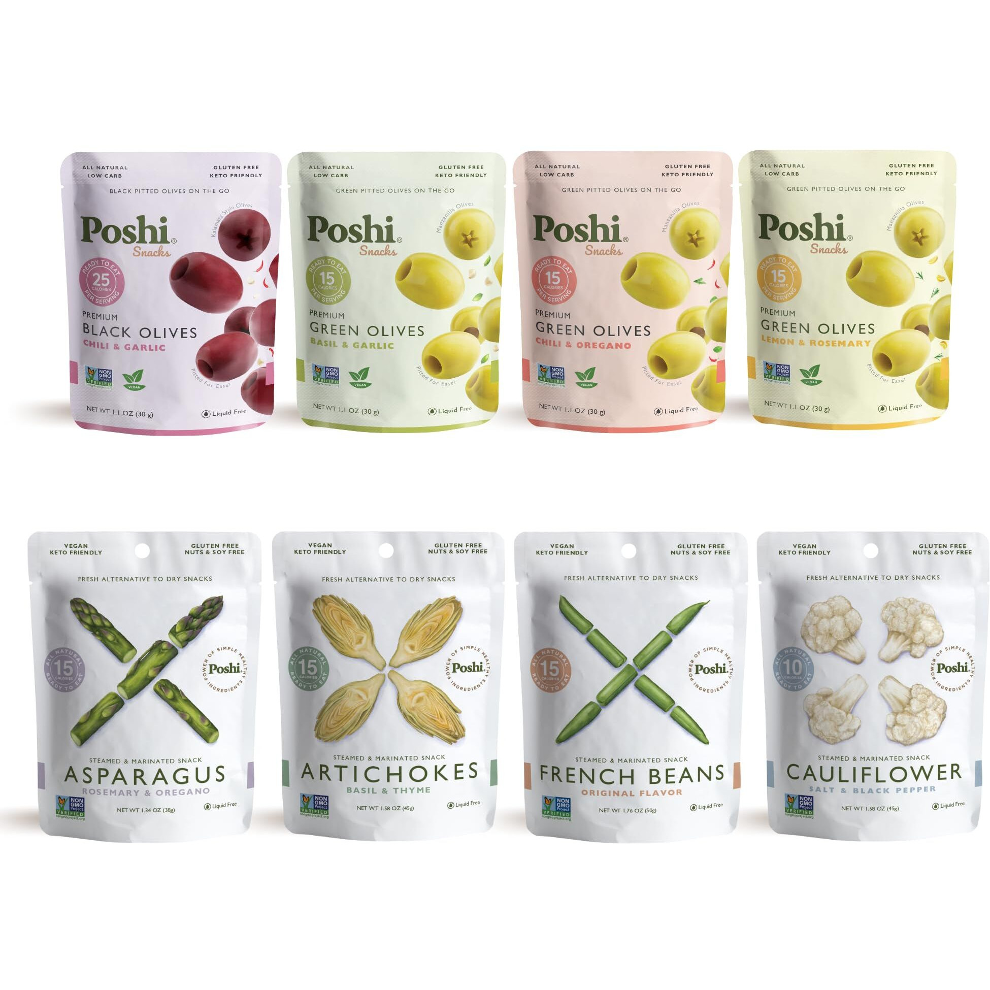 Oloves + Poshi Combo Pack | Natural Whole Pitted Olives 4 Flavor Variety | Poshi 4 Flavor Variety | Vegan, Kosher, Gluten Free + Keto Friendly Healthy Snacks (24 Pack)