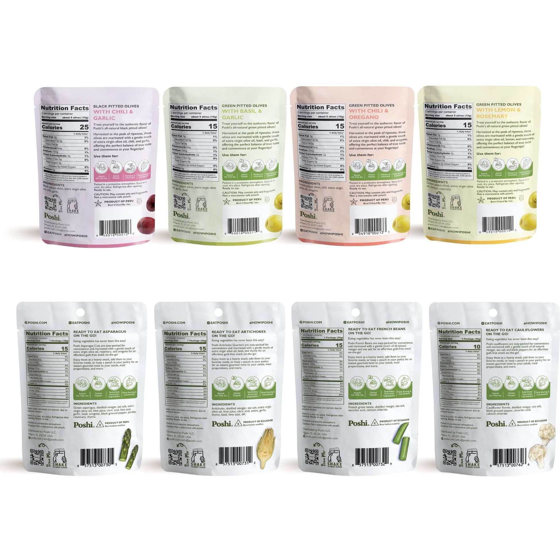 Oloves + Poshi Combo Pack | Natural Whole Pitted Olives 4 Flavor Variety | Poshi 4 Flavor Variety | Vegan, Kosher, Gluten Free + Keto Friendly Healthy Snacks (24 Pack)