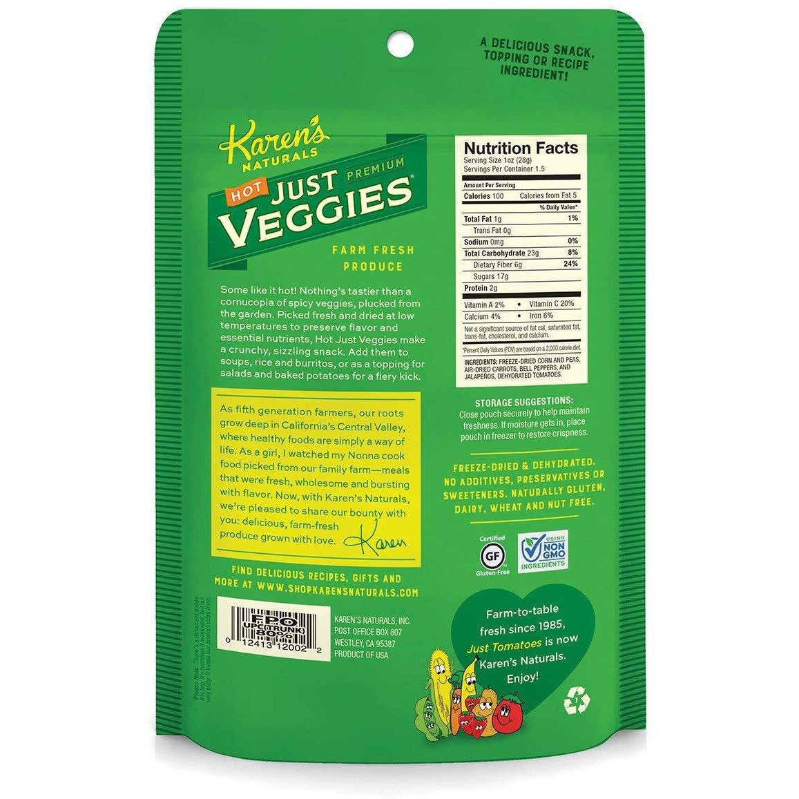 Karen's Naturals Just Veggies, 4 Ounce Pouches, Keto Friendly All Natural Freeze Dried Vegetables, Vegan, Paleo, Gluten Free, Healthy Dried Veggie Snack