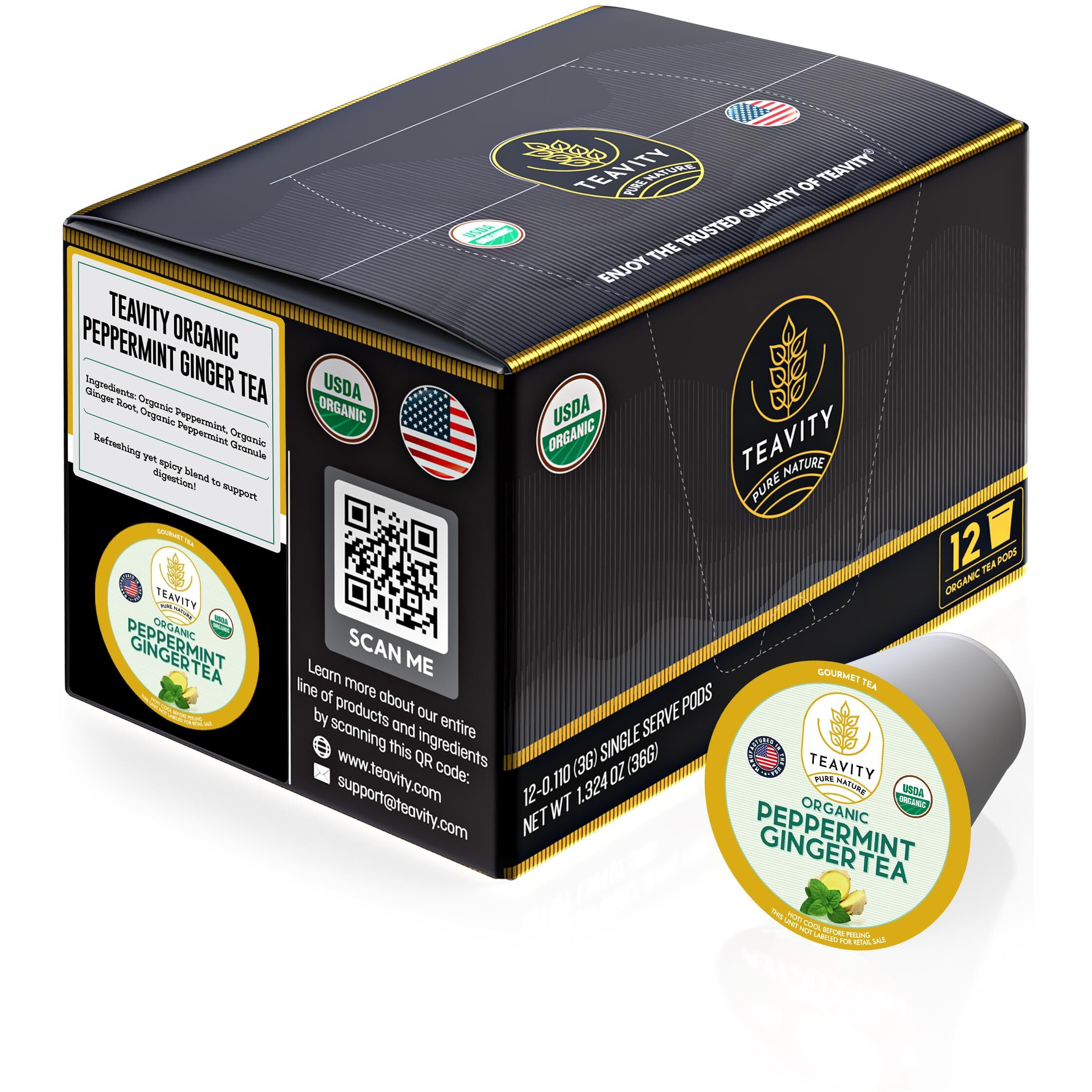 Organic Ginger Tea Pods For Keurig With Organic Peppermint Tea - Decaf Tea For K Cup Brewing Peppermint Ginger By Teavity (12 Tea Pods)