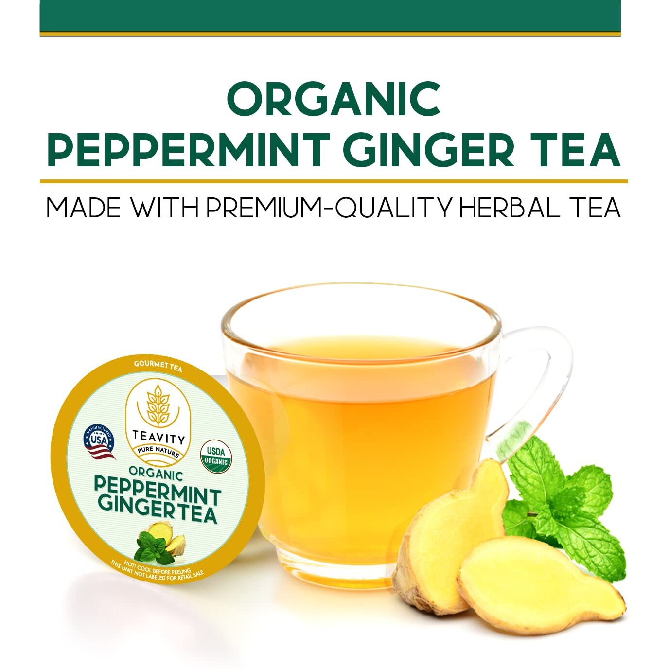 Organic Ginger Tea Pods For Keurig With Organic Peppermint Tea - Decaf Tea For K Cup Brewing Peppermint Ginger By Teavity (12 Tea Pods)