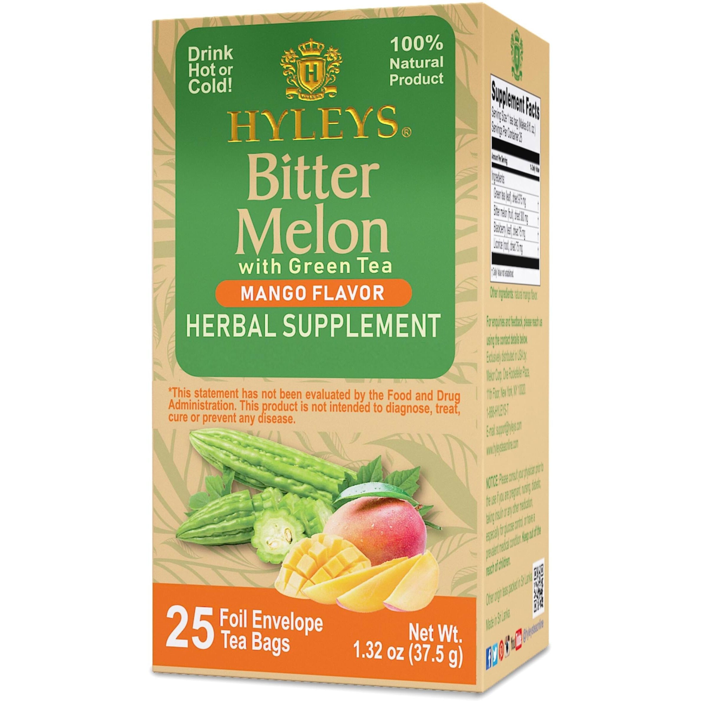 Hyleys Bitter Melon With Green Tea - Mango Flavor - 25 Tea Bags - Supports Healthy Liver Function - Herbal Supplement