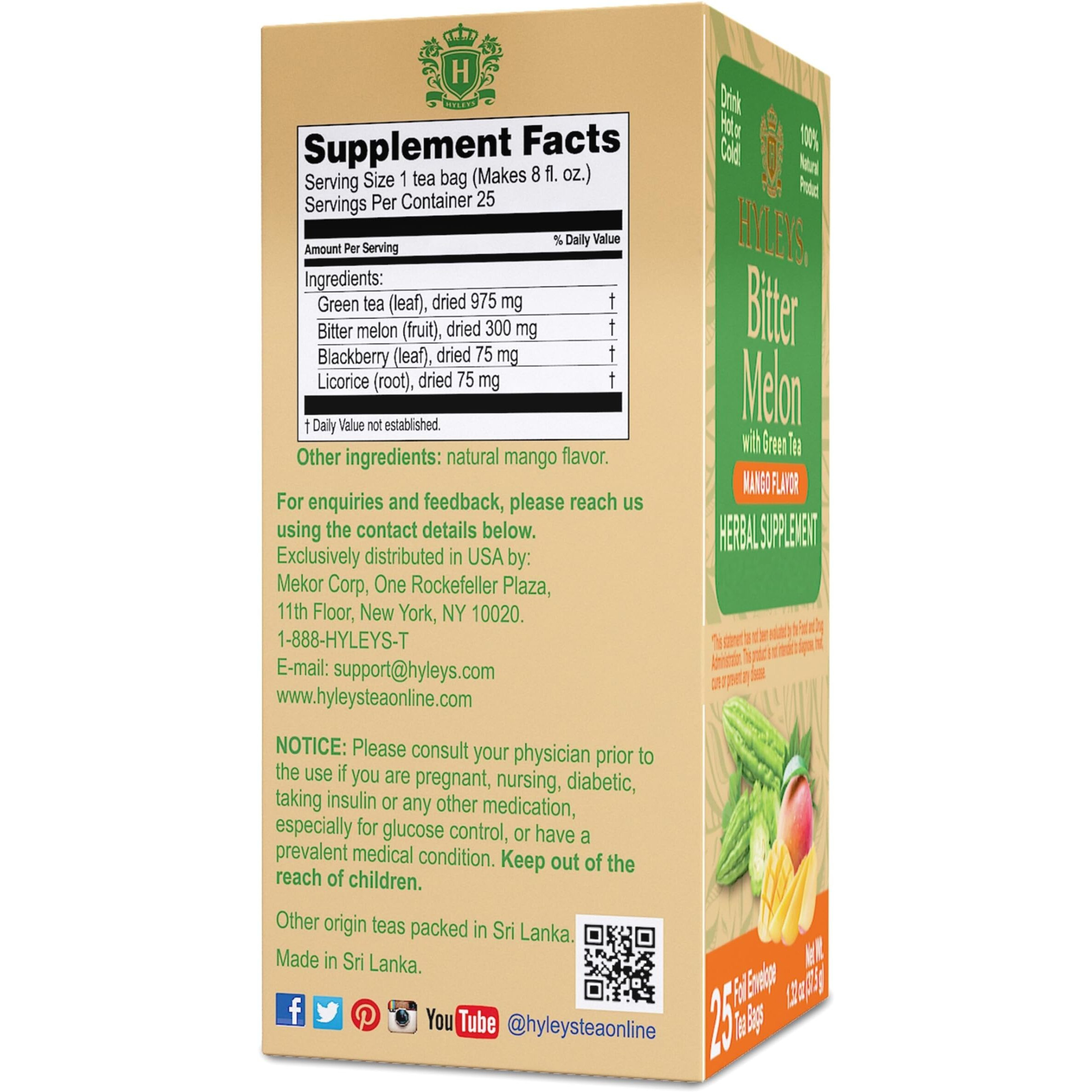 Hyleys Bitter Melon With Green Tea - Mango Flavor - 25 Tea Bags - Supports Healthy Liver Function - Herbal Supplement