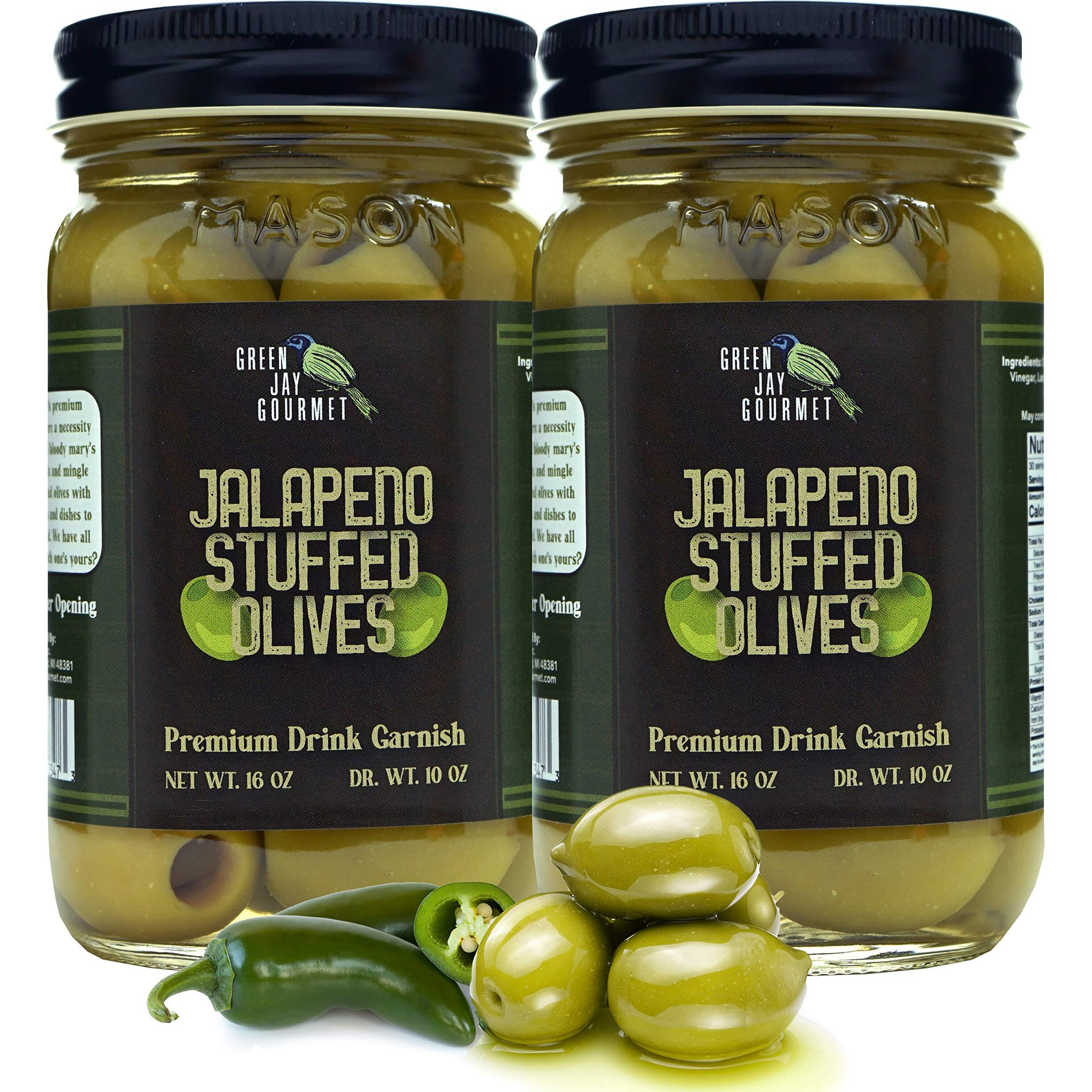 Green Jay Gourmet Jalapeno Stuffed Olives - Stuffed Green Olives For Cocktail Garnish & Cheese Board Recipes - Dirty Martini Olives & Cocktail Olives - Gourmet Olives - All Natural - Large - 2 X 16 Oz